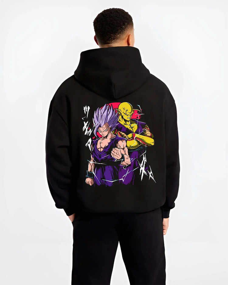 Black hoodie worn by male model, back view with Piccolo Hoodie Dragon Ball Z Purple Warrior Fusion graphic streetwear graphic.