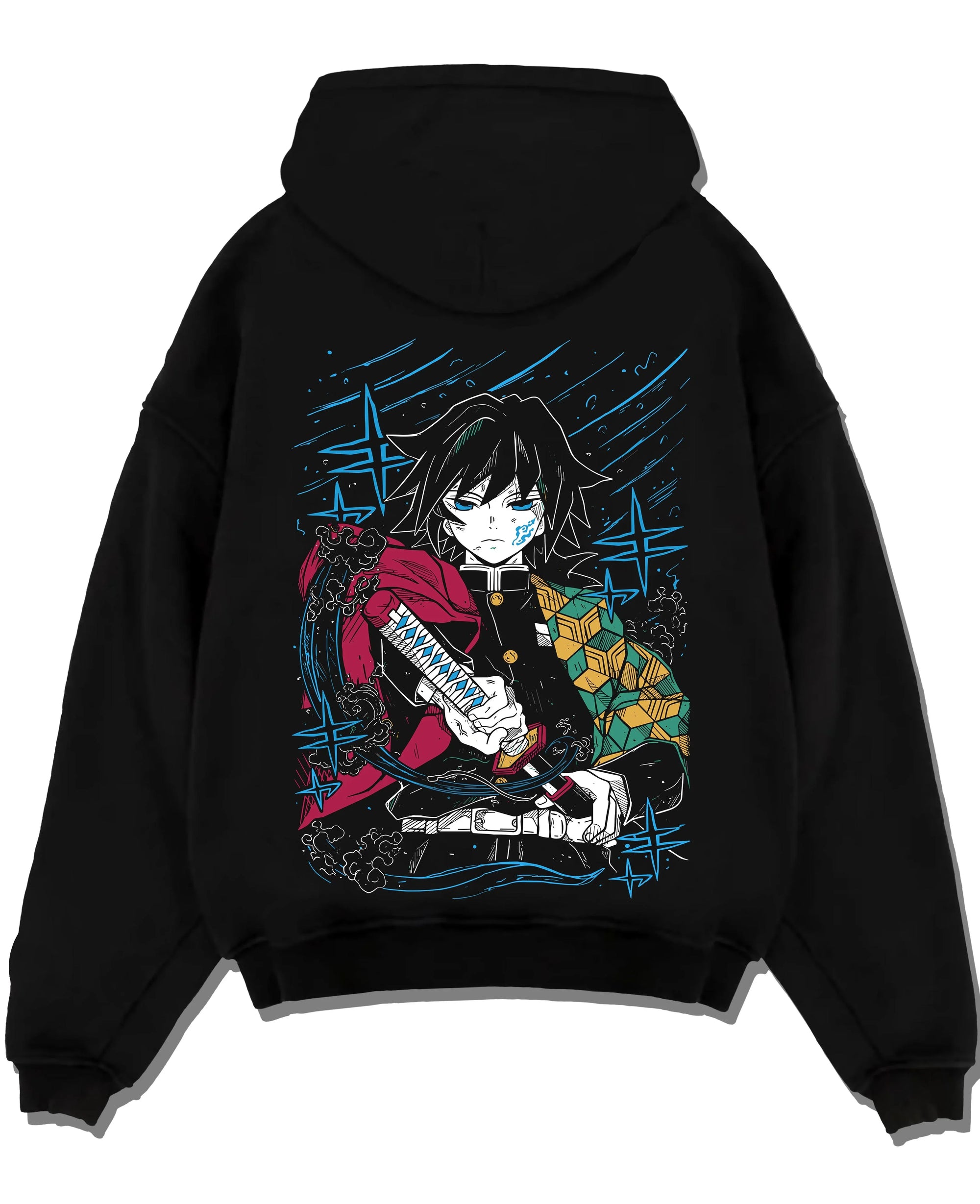 Black pullover hoodie laid flat with Demon Slayer Hoodie Giyu Tomioka Upgraded Power Jumper graphic bold anime graphic.
