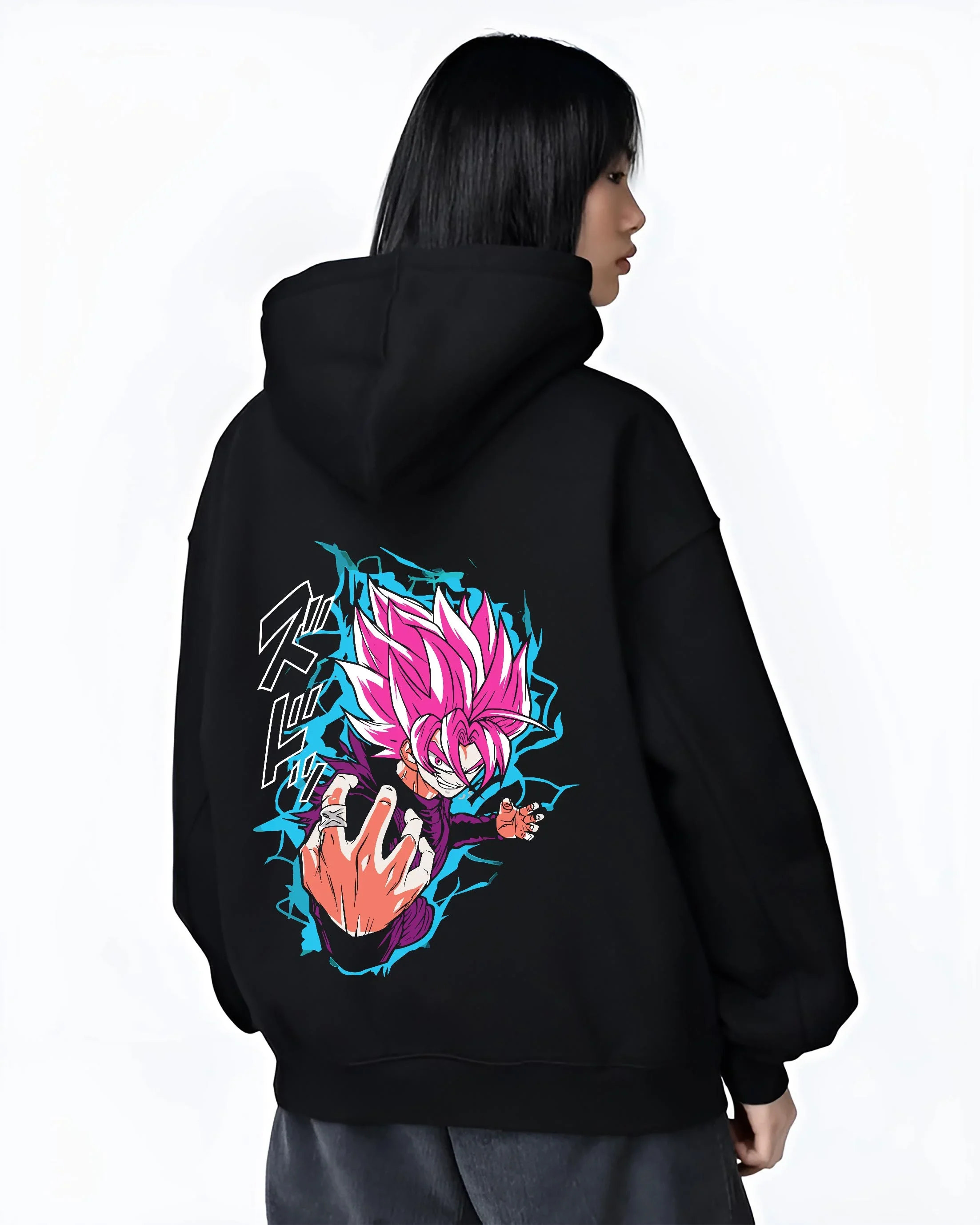 Black hoodie worn by female model, back view with Goku Hoodie Dragon Ball Z Super Saiyan Rose Aura graphic premium wear.