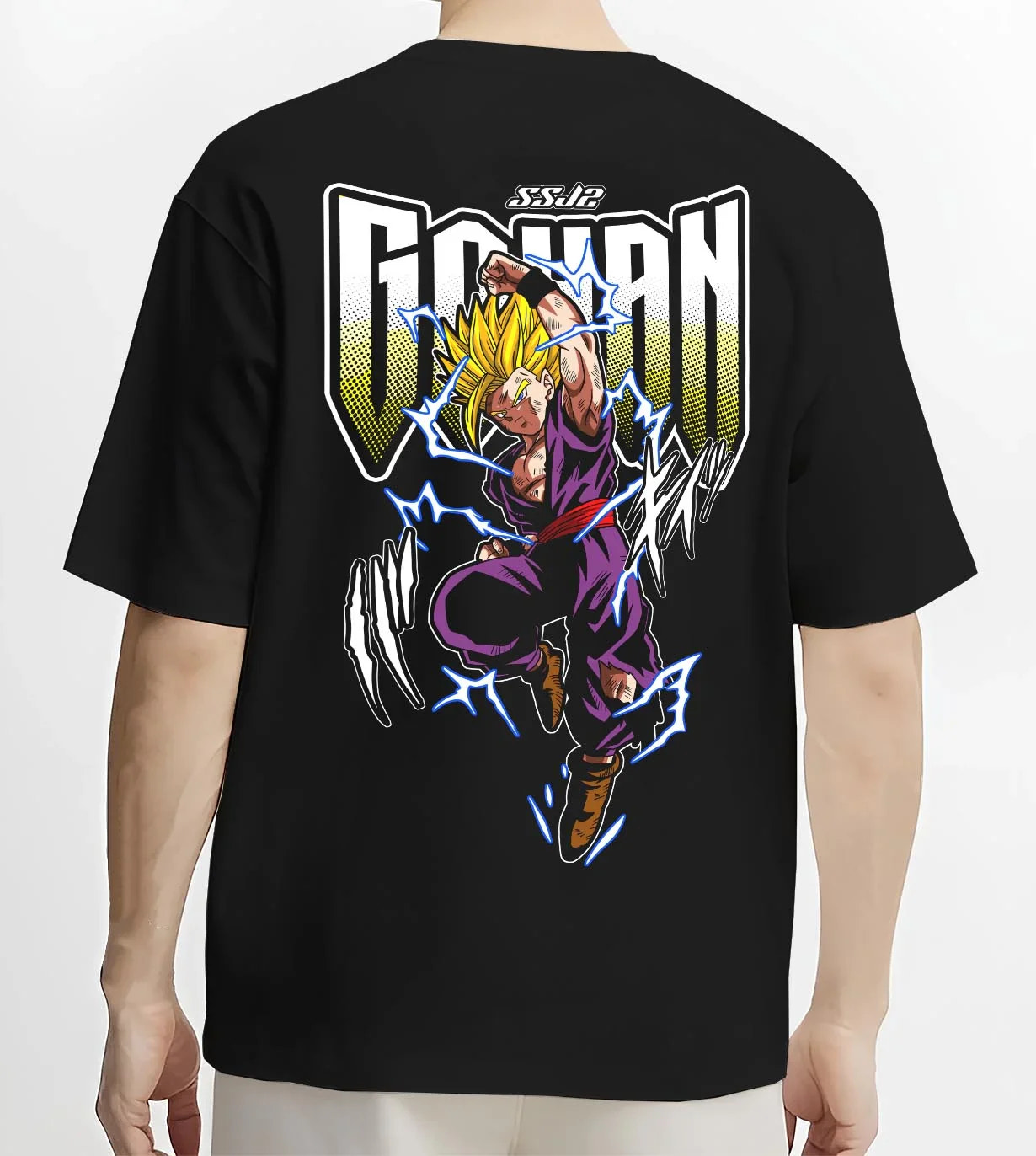 Black T-shirt worn by male model, back view with Dragon Ball Z Hoodie Gohan Super Saiyan Power Jumper graphic bold anime graphic.
