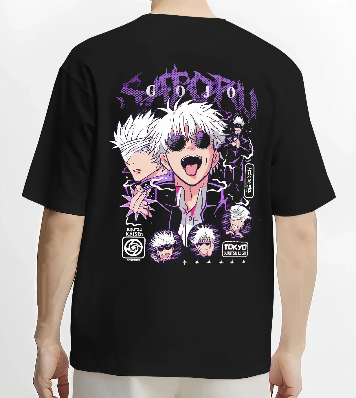 Black T-shirt worn by male model, back view with Jujutsu Kaisen Hoodie Satoru Gojo Casual Outfit Jumper graphic streetwear graphic.