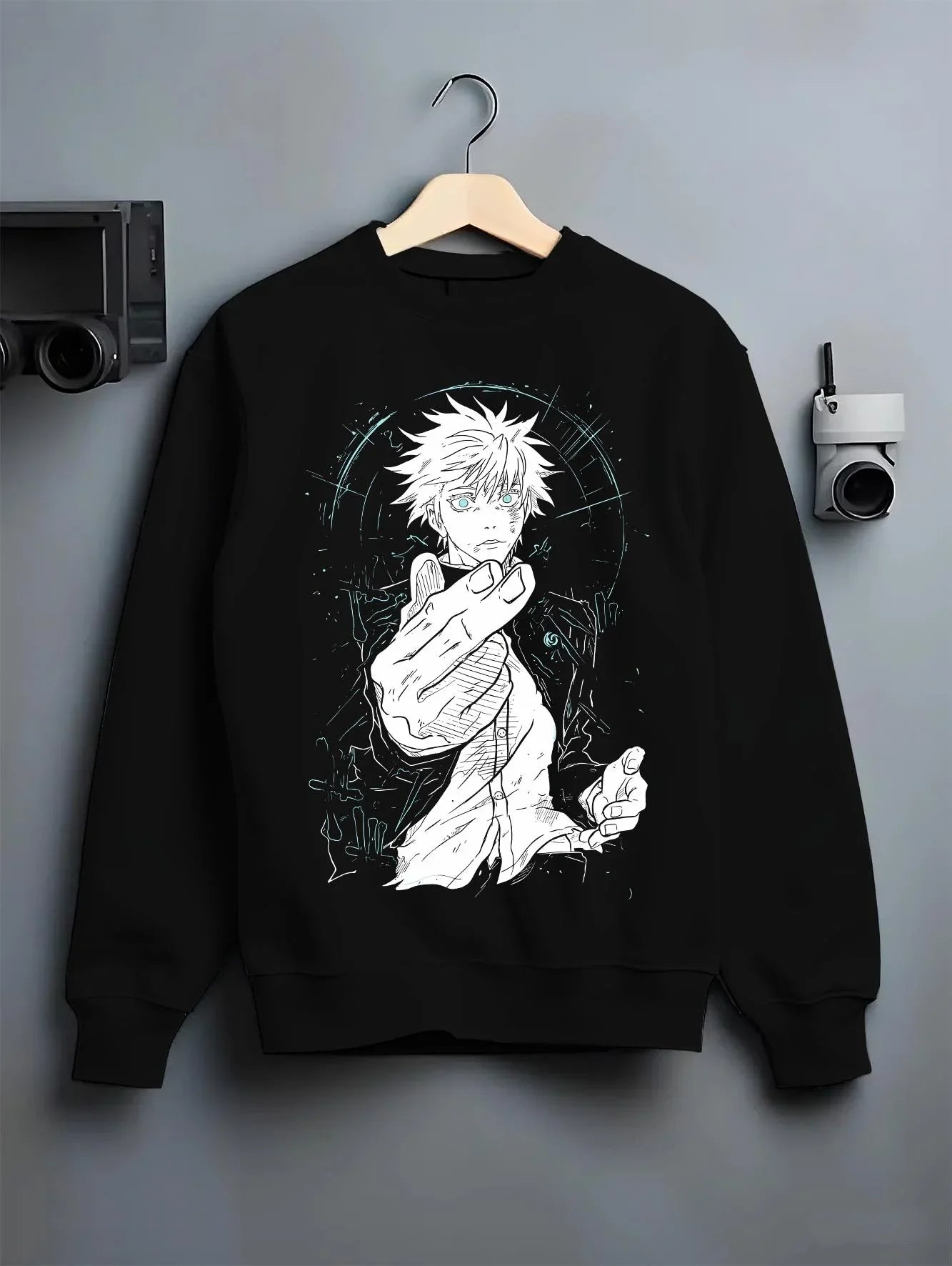Black crewneck sweatshirt on hanger with Jujutsu Kaisen Hoodie Satoru Gojo Dark Energy Jumper graphic premium wear.