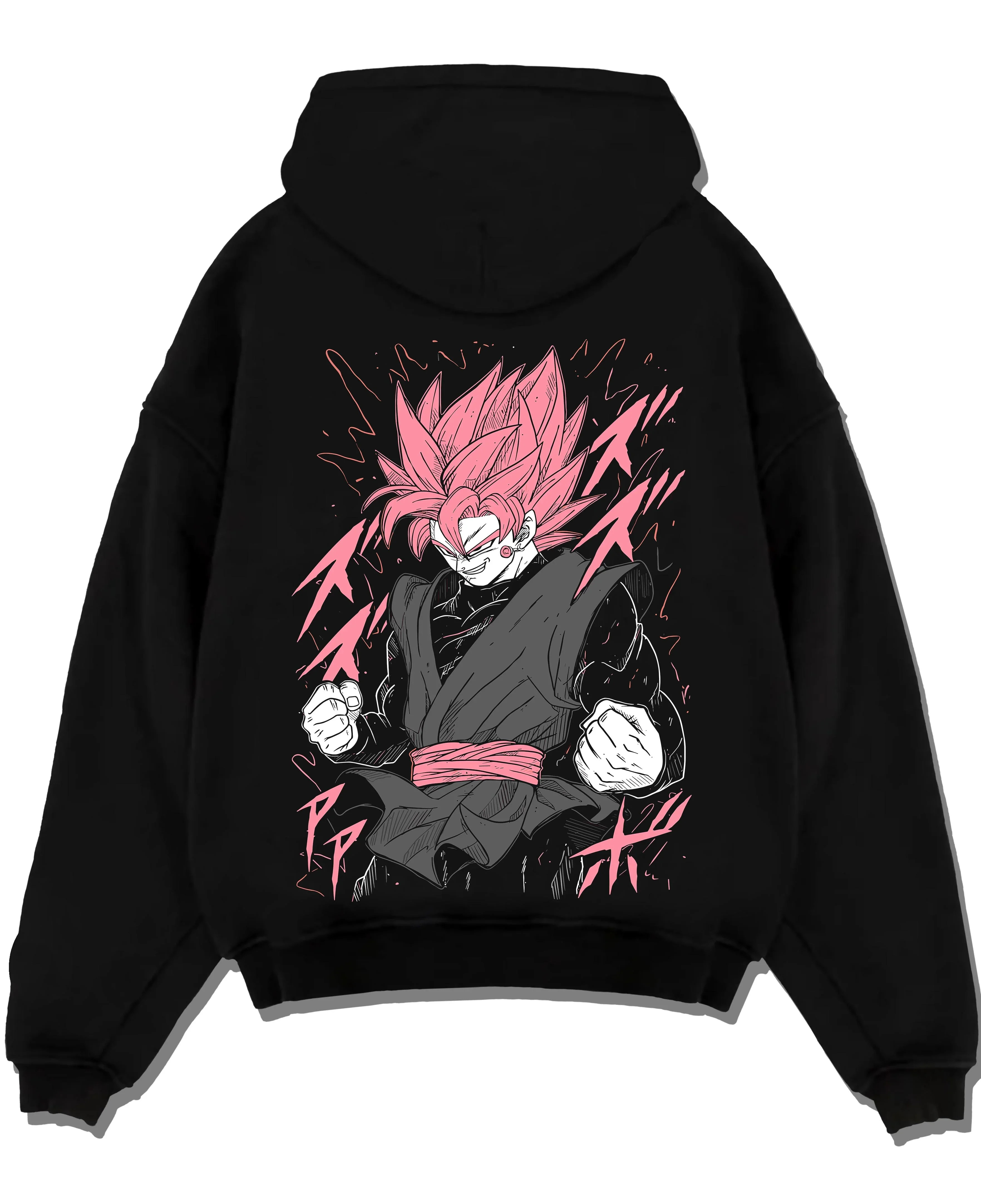 Black pullover hoodie laid flat with Dragon Ball Z Hoodie Goku Black Rage Jumper graphic bold anime graphic.