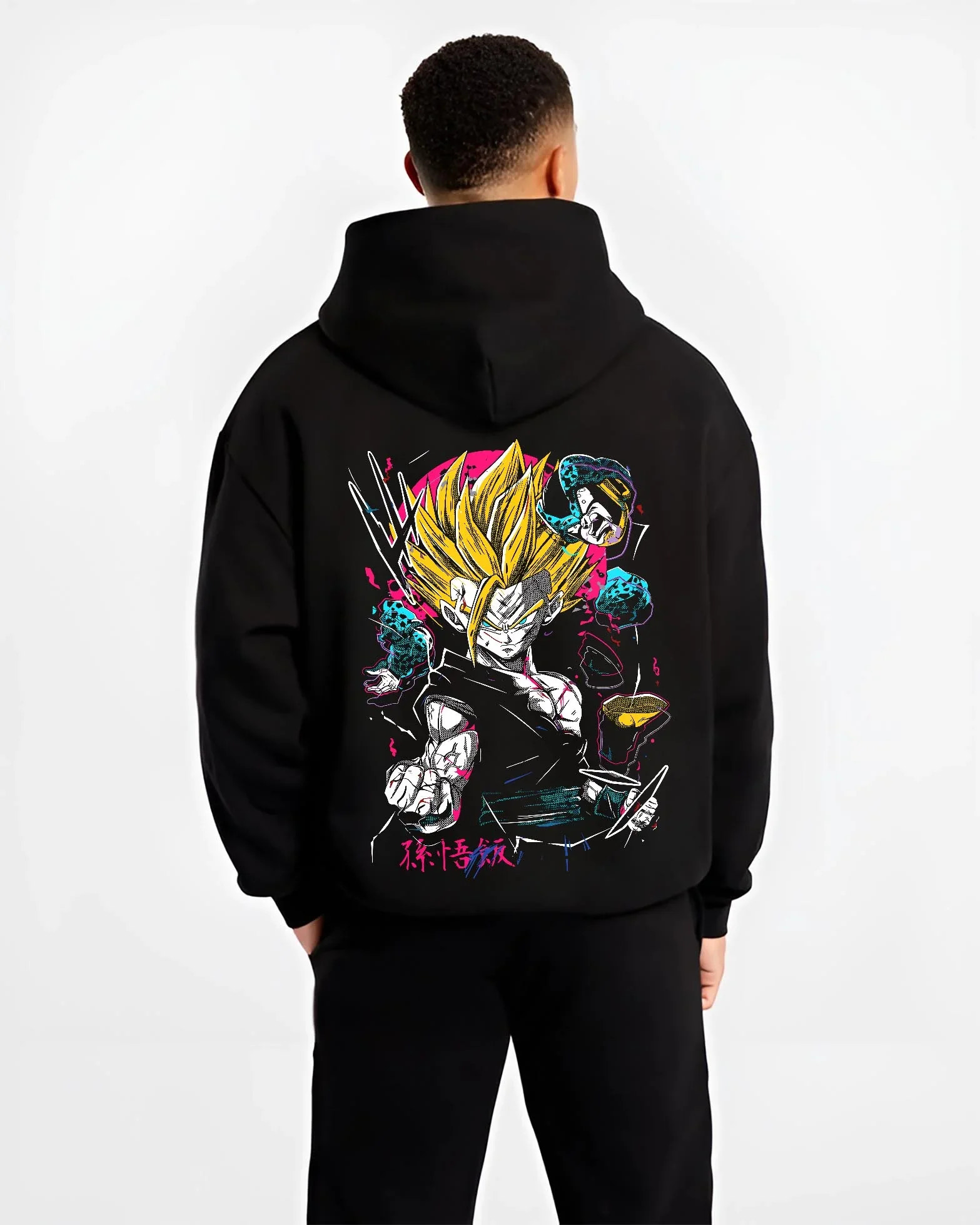 Black hoodie worn by male model, back view with Goku Hoodie Dragon Ball Z Super Saiyan Charge Up graphic Goku themed artwork.