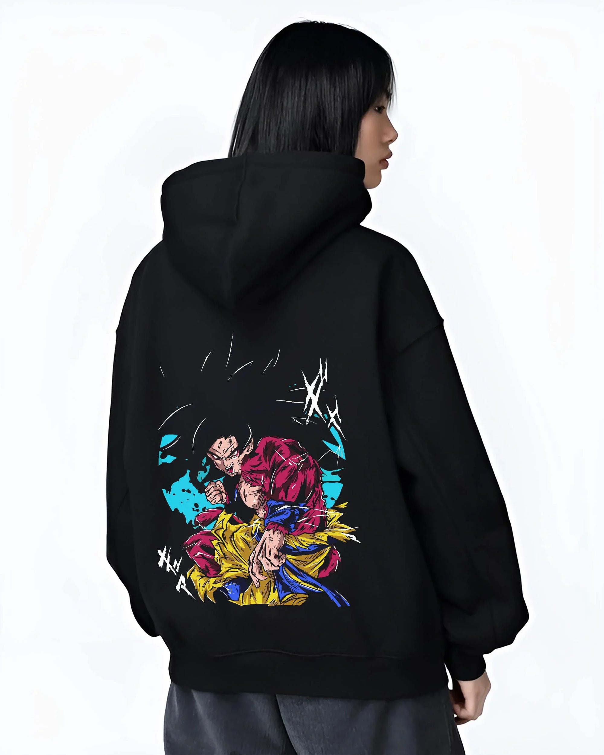 Black hoodie worn by female model, back view with Dragon Ball Z Hoodie Goku Super Saiyan 4 Power Jumper graphic premium wear.