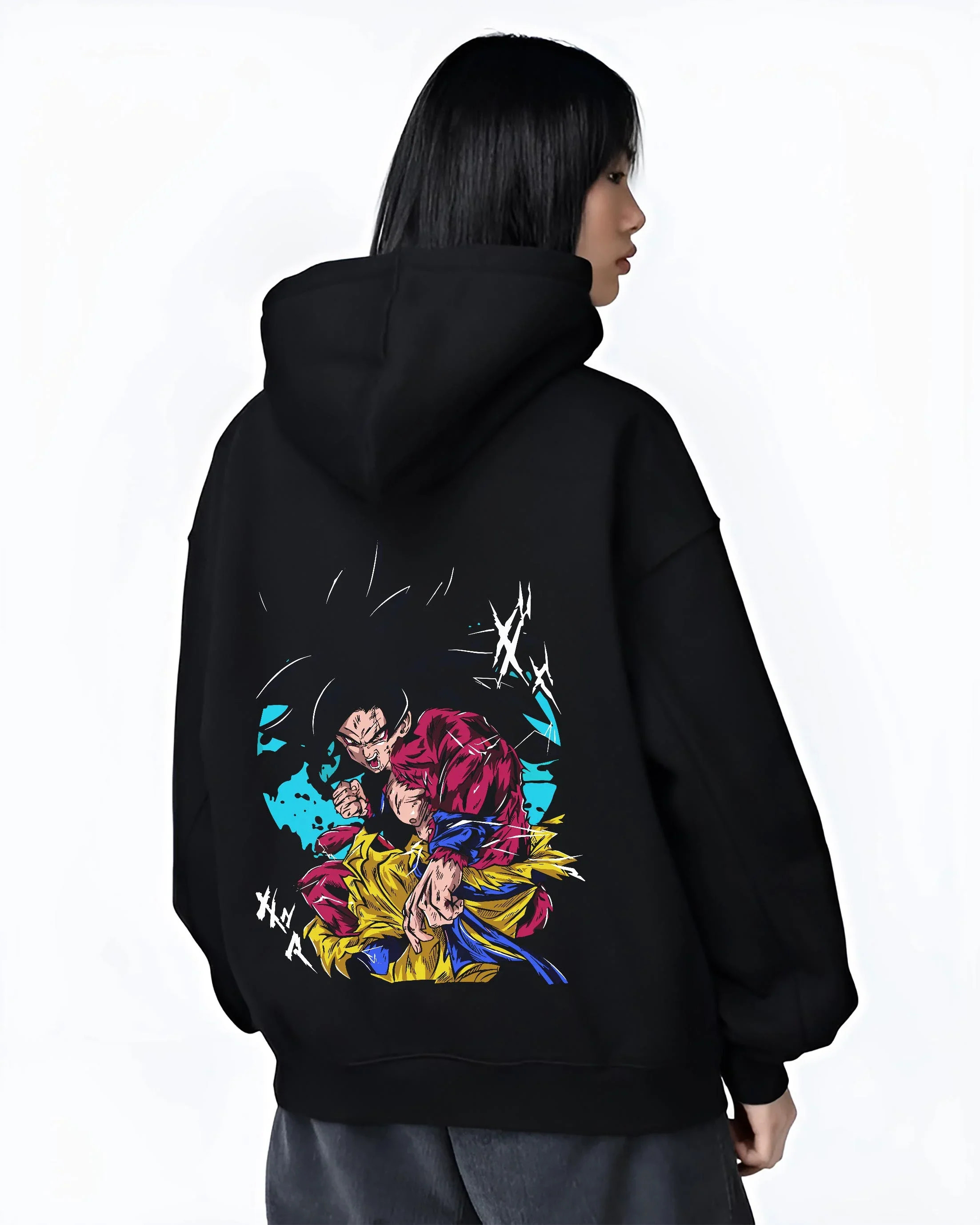 Black hoodie worn by female model, back view with Dragon Ball Z Hoodie Goku Super Saiyan 4 Power Jumper graphic premium wear.