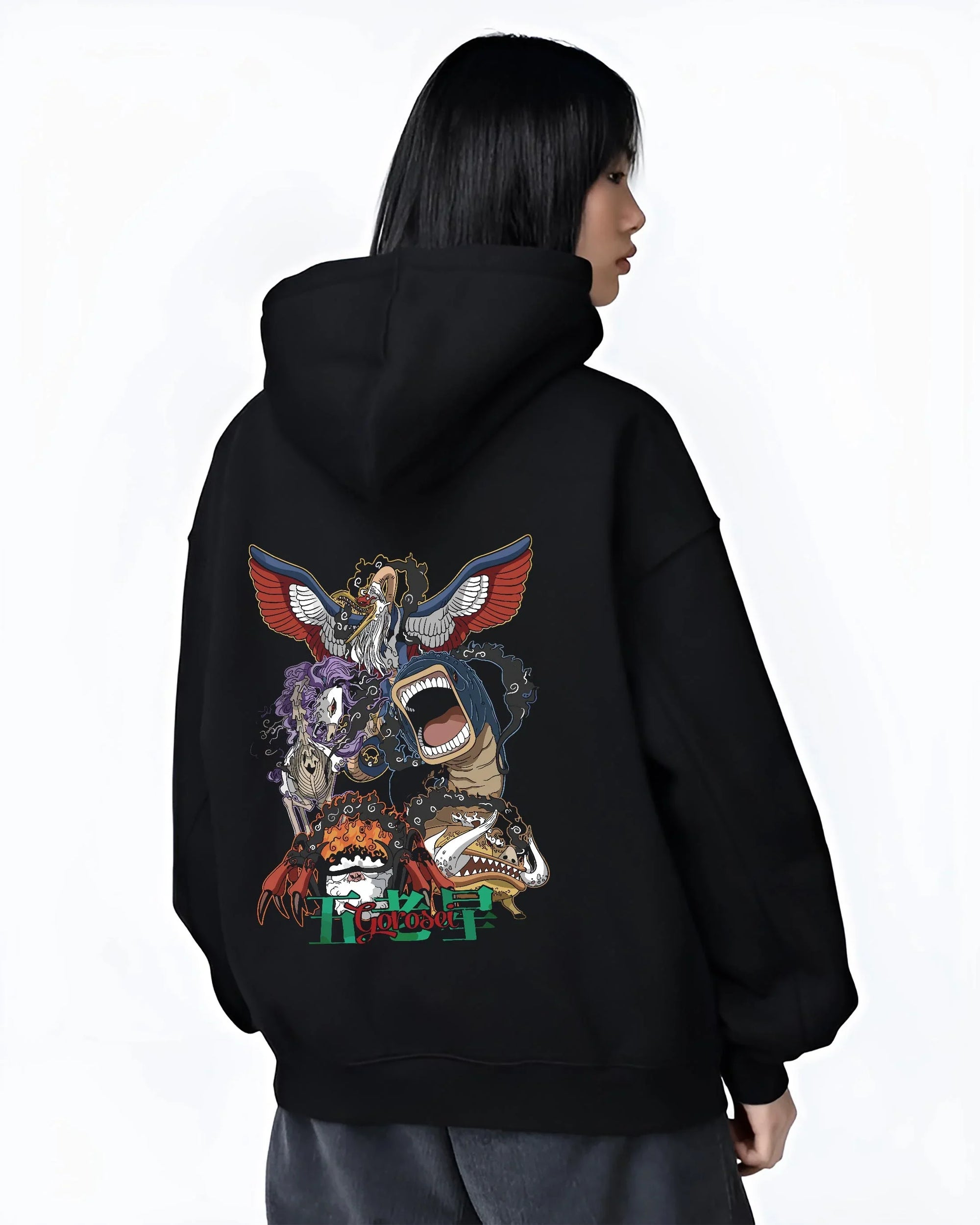 Black hoodie worn by female model, back view with One Piece Hoodie Brook Soul King Elder Form Jumper graphic Brook anime design.