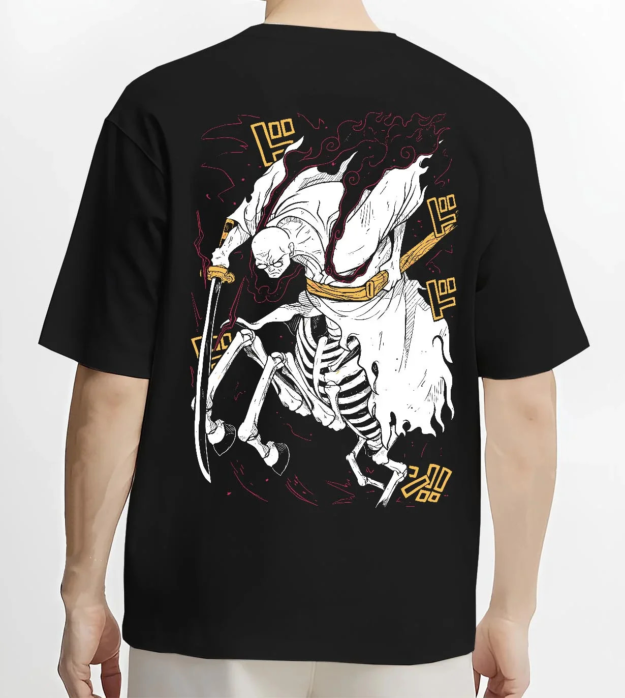 Black T-shirt worn by male model, back view with One Piece Hoodie Brook Soul King Rising Jumper graphic streetwear graphic.