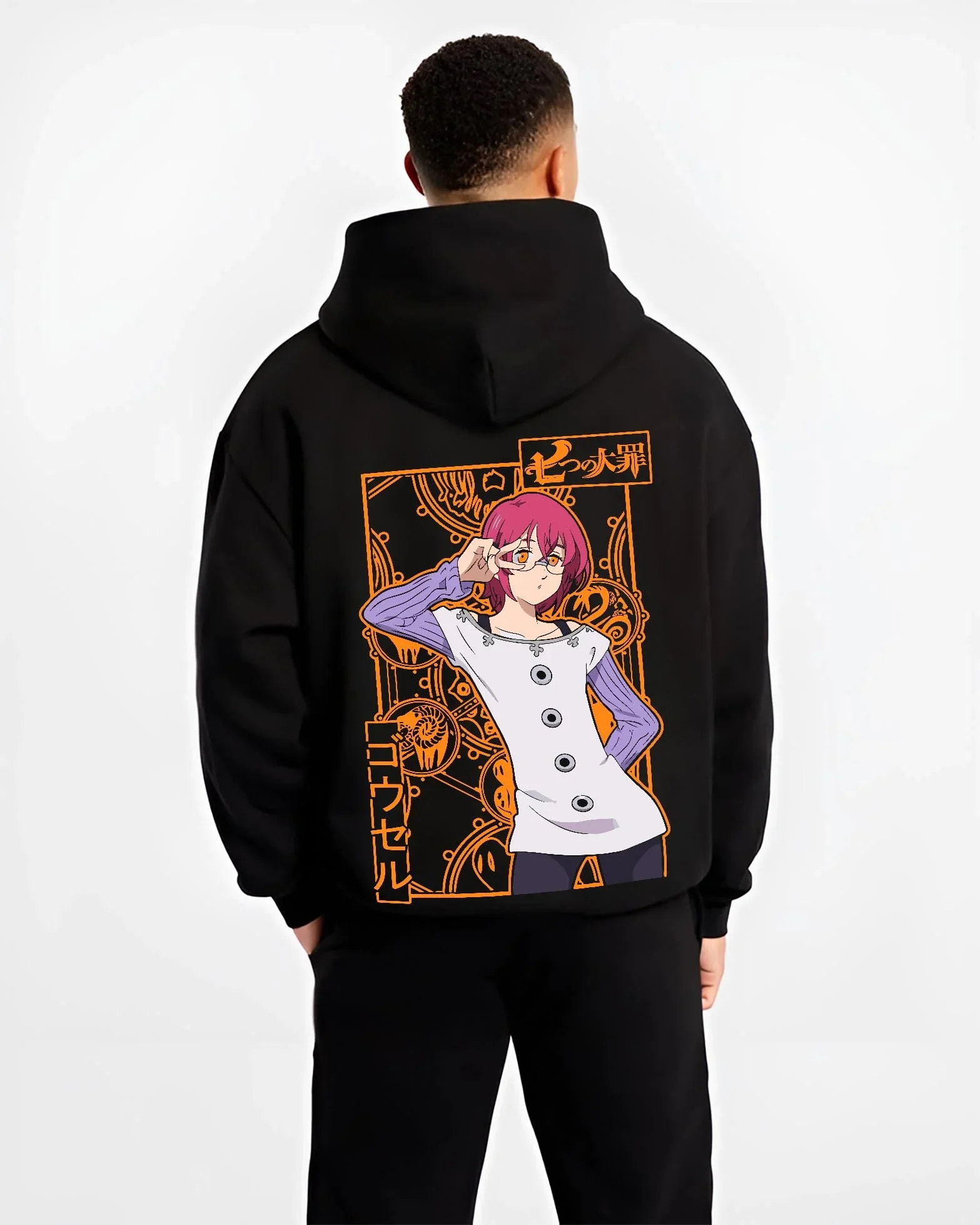 Black hoodie worn by male model, back view with Seven Deadly Sins Hoodie Gowther Sin of Lust Jumper graphic bold anime graphic.