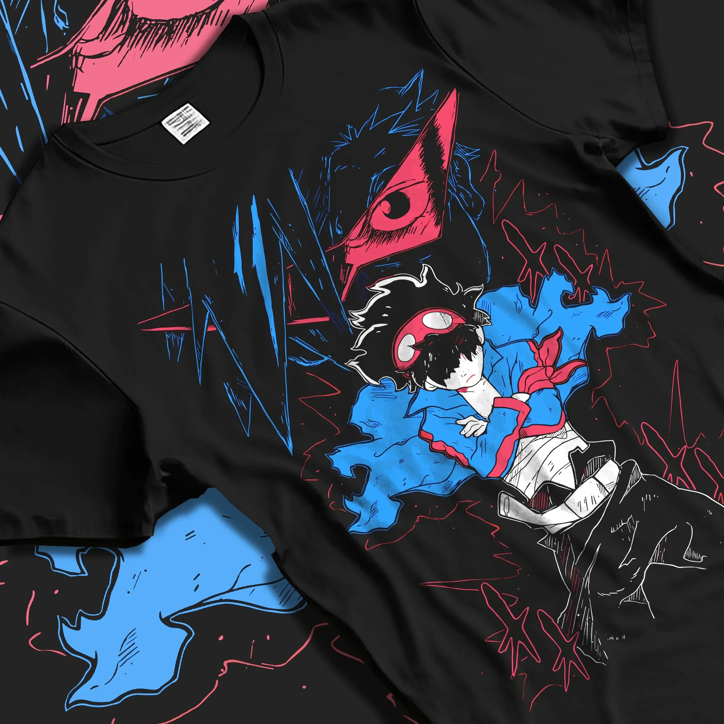 Black T-shirt laid flat with natural folds with Gurren Lagann Hoodie Simon Kamina Mecha Jumper graphic streetwear graphic.