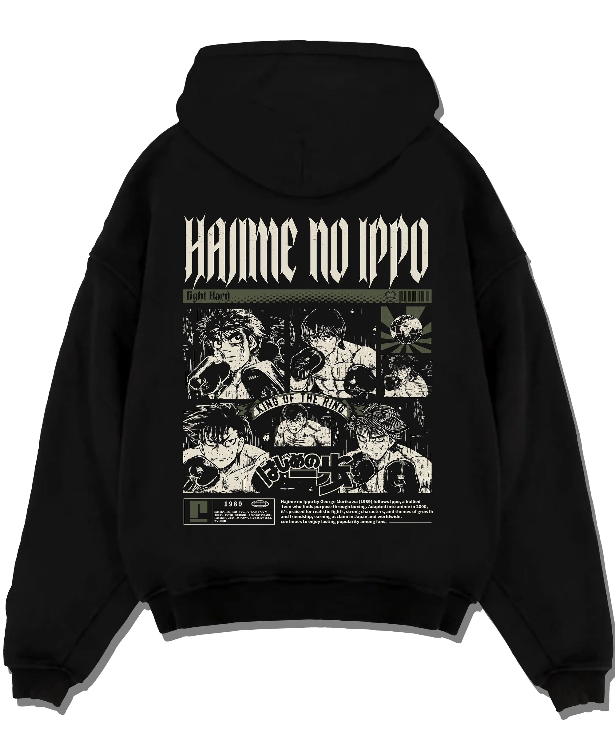 Black pullover hoodie laid flat with Hajime no Ippo Hoodie Ippo Makunouchi Boxing Power graphic bold anime graphic.