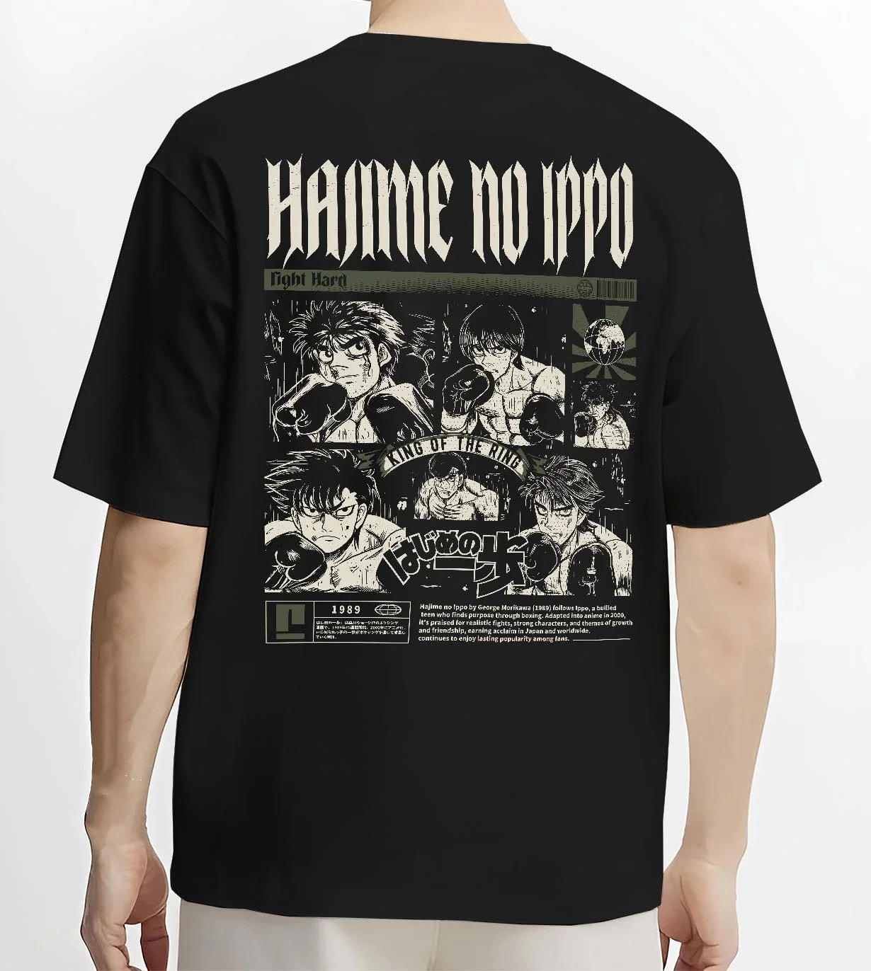 Black T-shirt worn by male model, back view with Hajime no Ippo Hoodie Ippo Makunouchi Boxing Power graphic streetwear graphic.