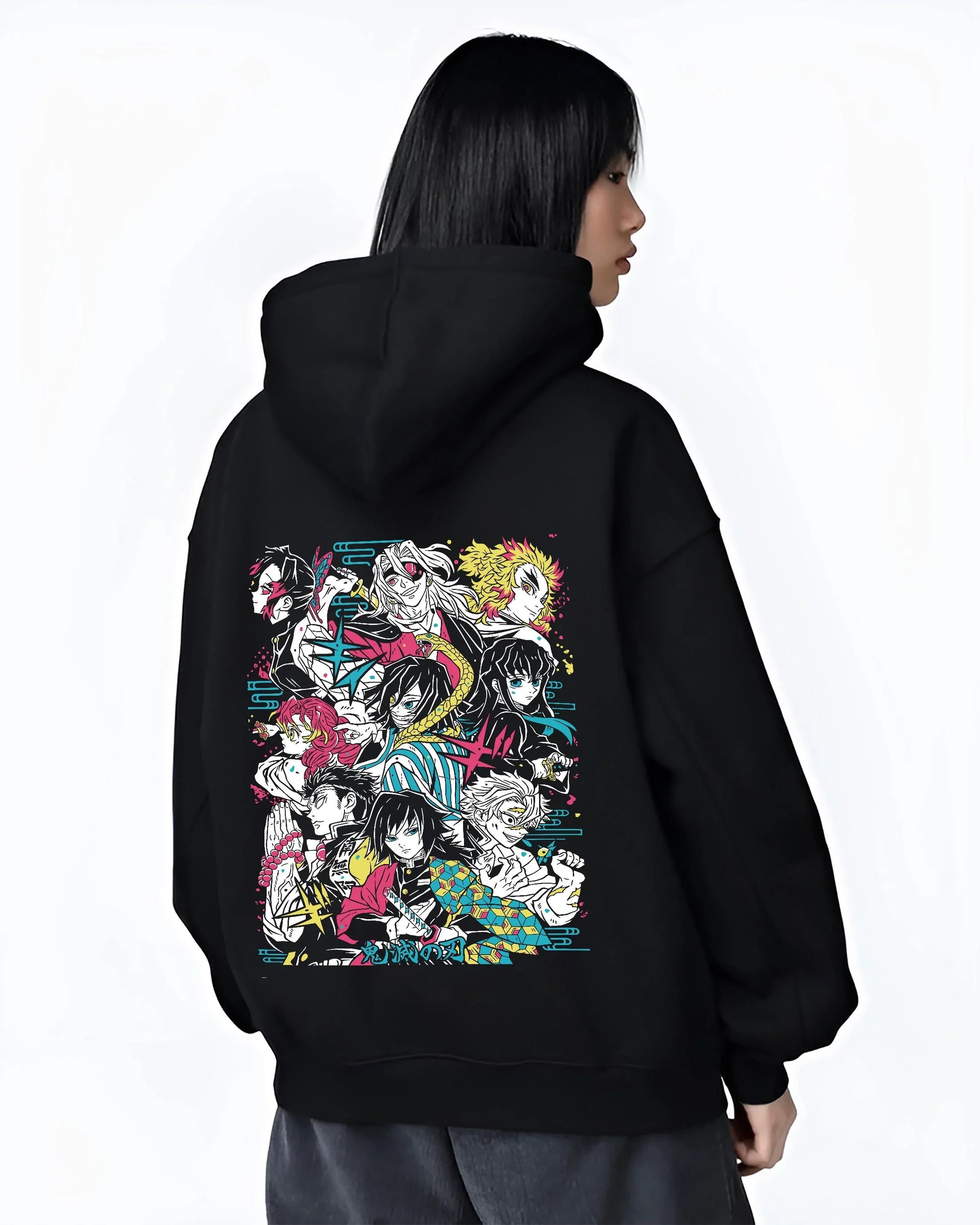 Black hoodie worn by female model, back view with Demon Slayer Hoodie Hashira Corps Gathering Jumper graphic nan themed artwork.