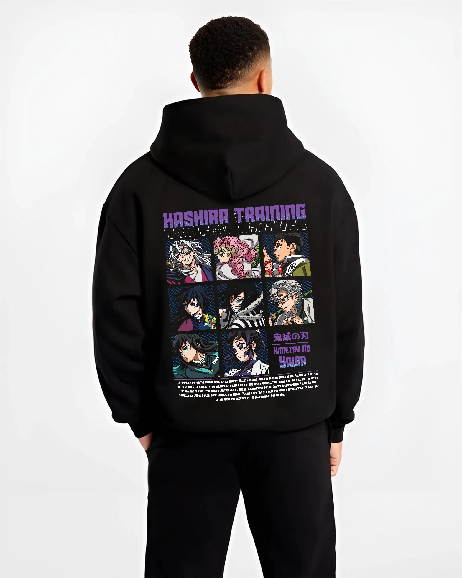 Black hoodie worn by male model, back view with Demon Slayer Hoodie Hashira Training Corps Poster graphic bold anime graphic.