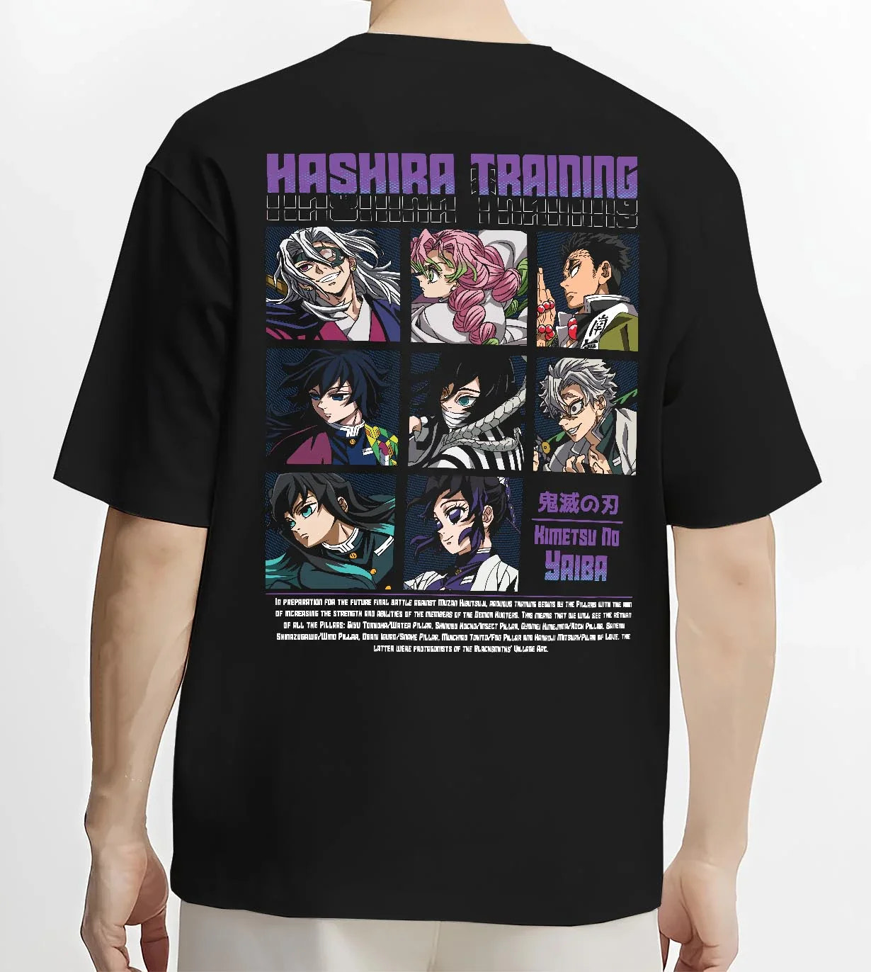 Black T-shirt worn by male model, back view with Demon Slayer Hoodie Hashira Training Corps Poster graphic bold anime graphic.