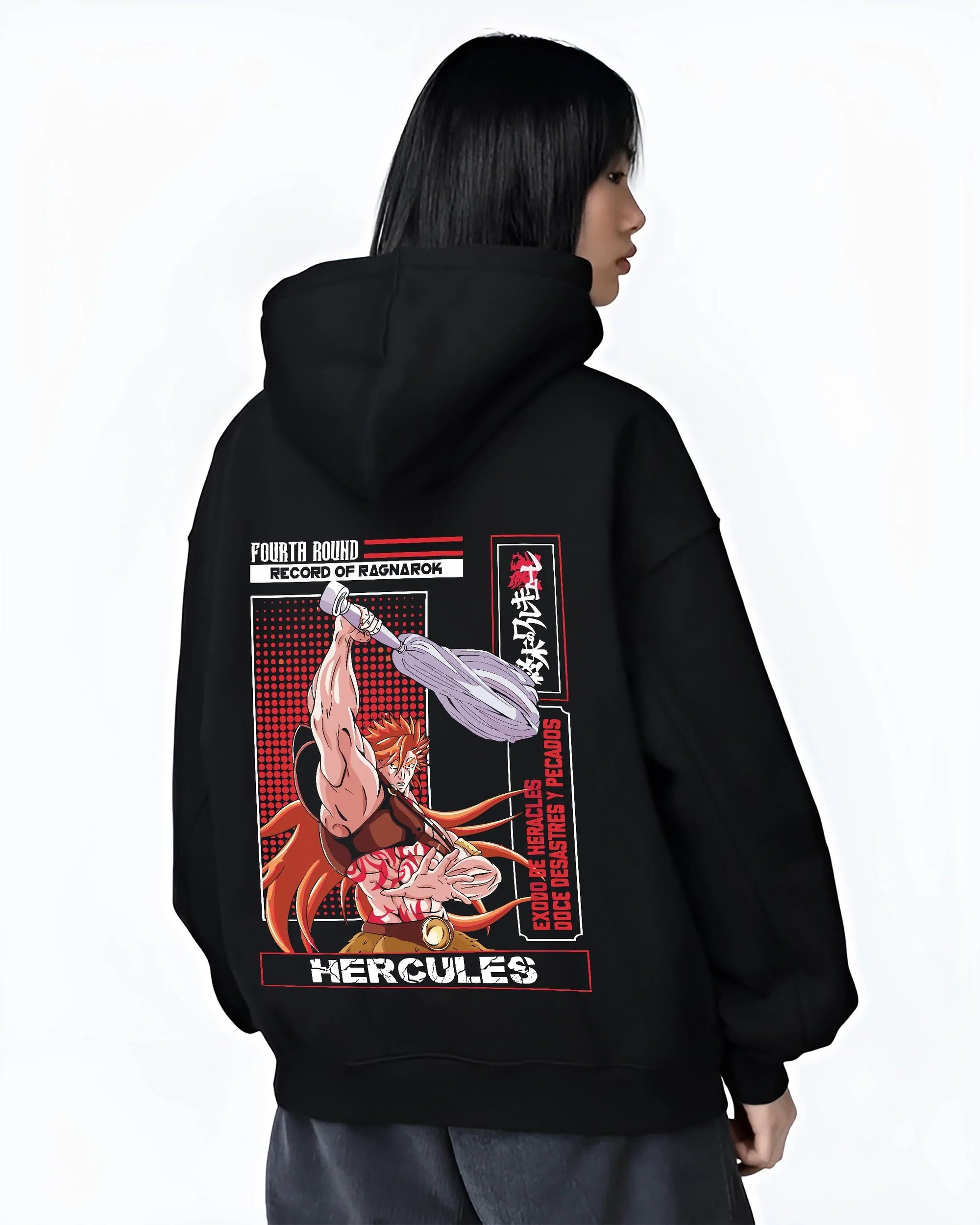 Black hoodie worn by female model, back view with Record of Ragnarok Hoodie Hercules Strong Hero Jumper graphic premium wear.