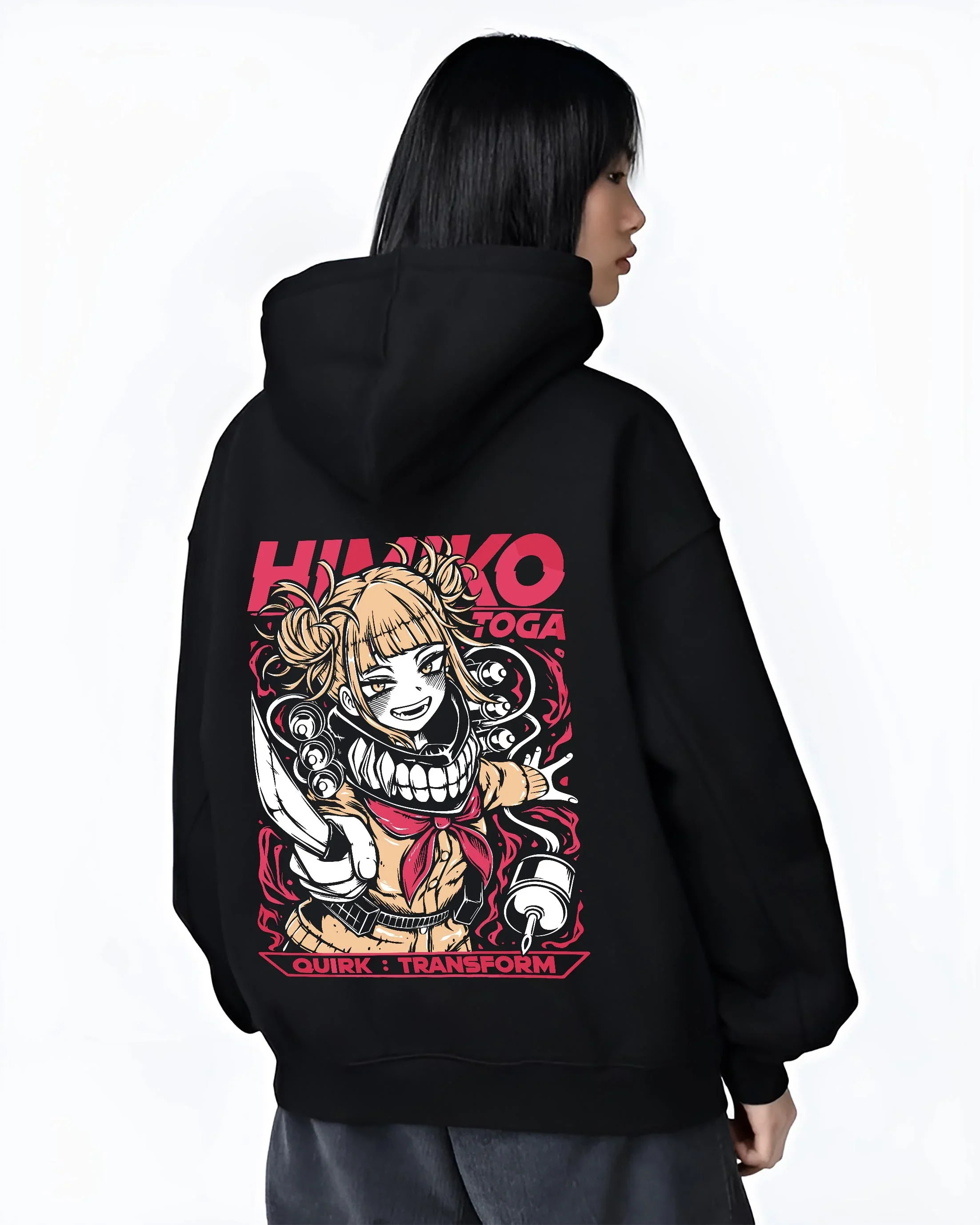 Black hoodie worn by female model, back view with My Hero Academia Hoodie Himiko Toga Villain Jumper graphic premium wear.