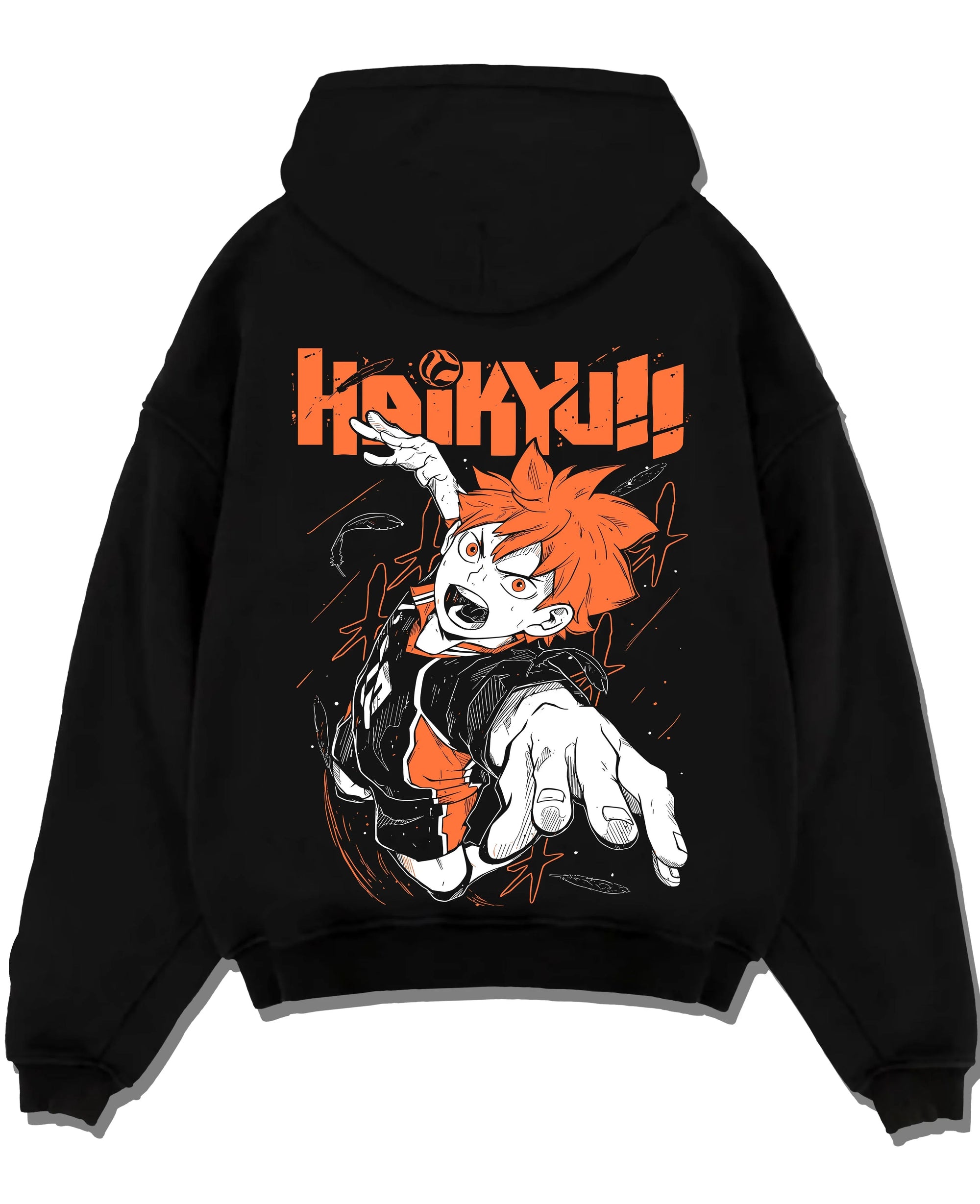 Black pullover hoodie laid flat with Haikyuu Hoodie Shoyo Hinata Lightning Jump Jumper graphic premium wear.