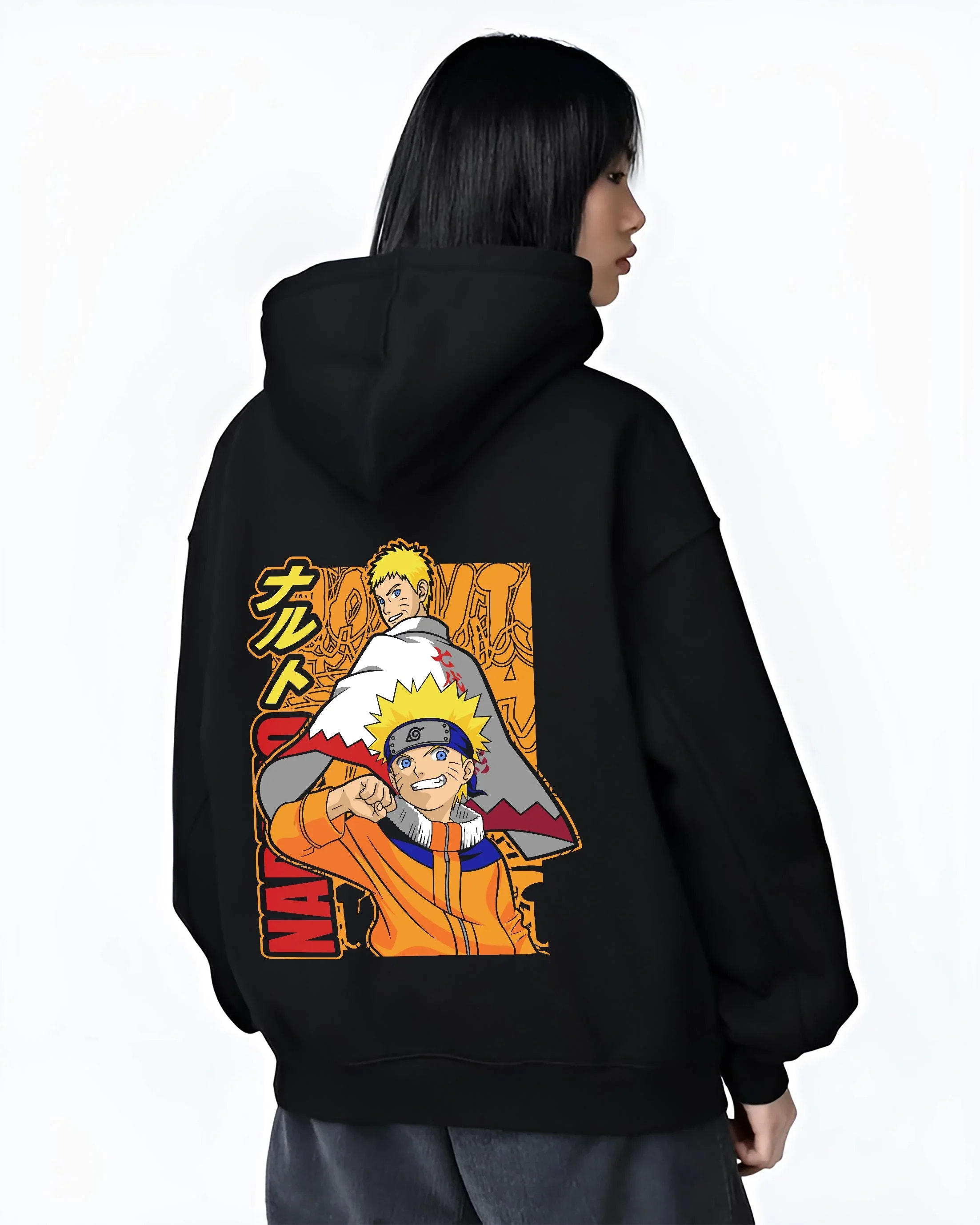Black hoodie worn by female model, back view with Naruto Hoodie Uzumaki Naruto Hokage Legacy Jumper graphic premium wear.