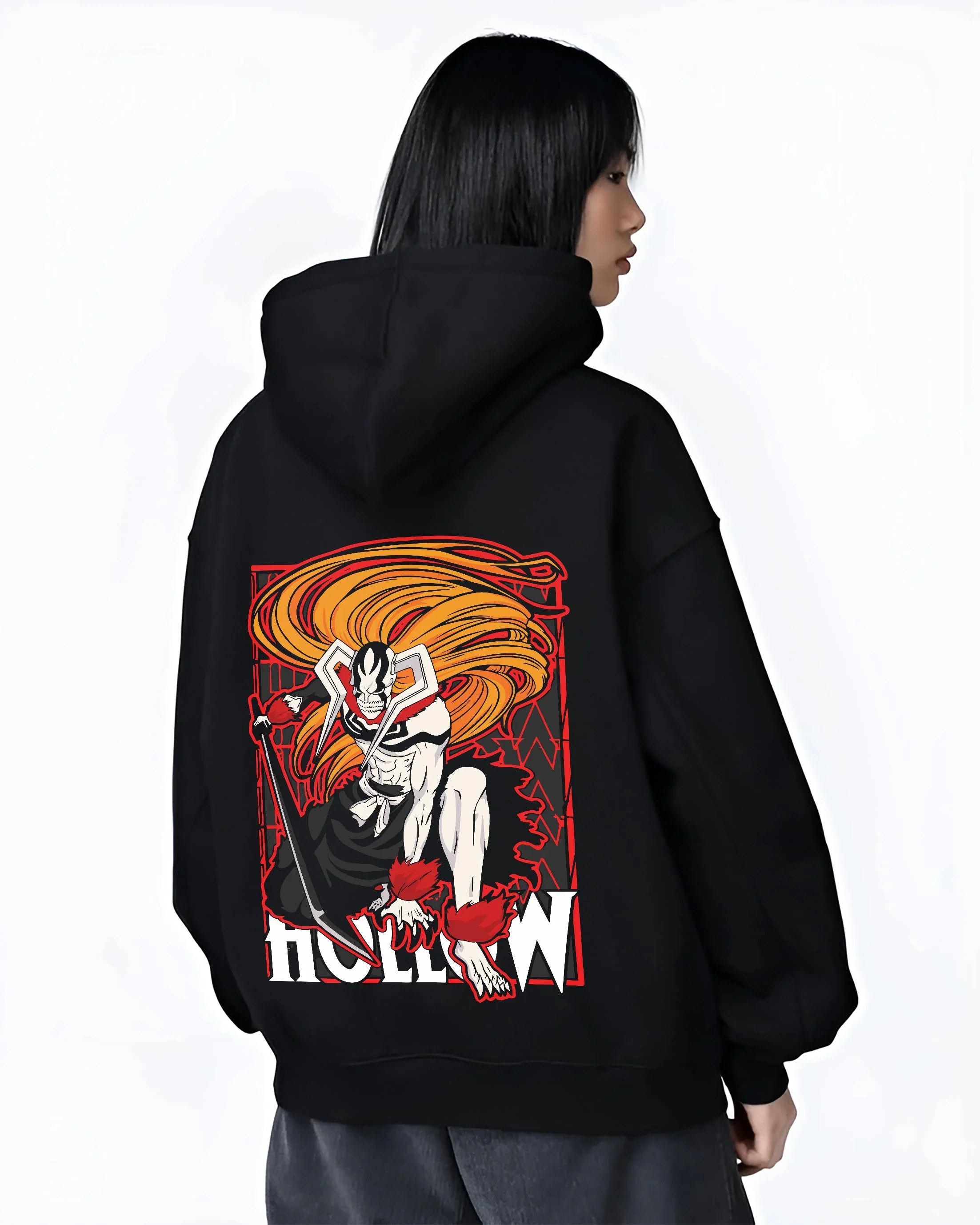 Black hoodie worn by female model, back view with Ichigo Hollow Rage Hoodie Bleach Shinigami Vizard graphic premium wear.