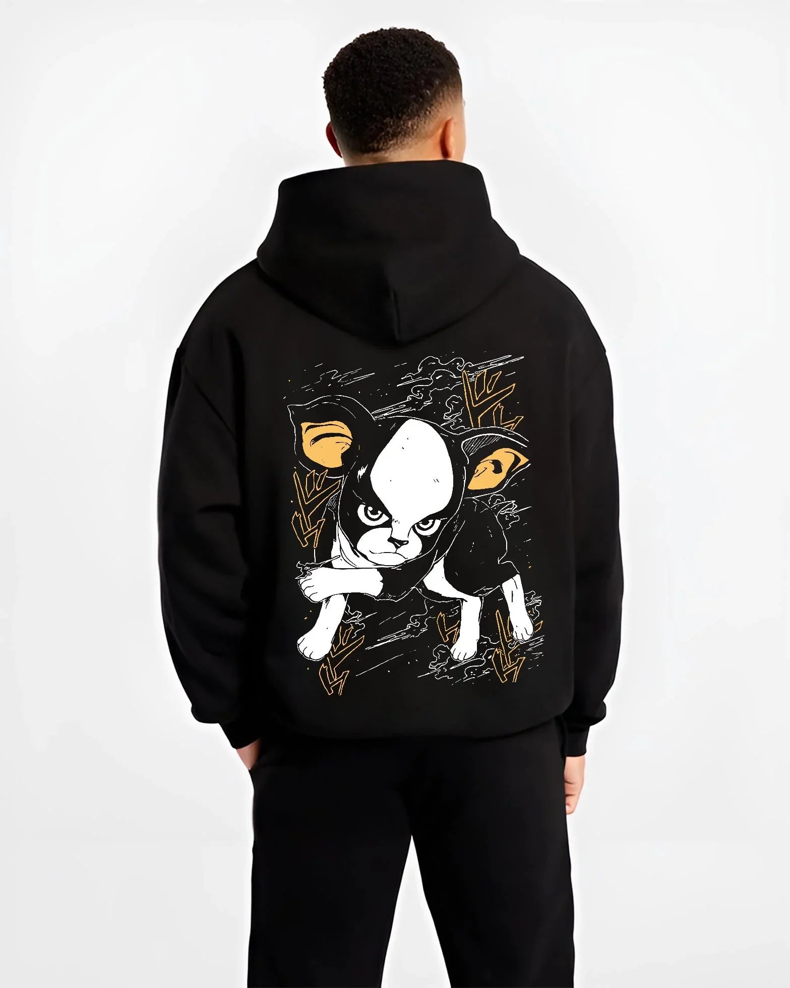 Black hoodie worn by male model, back view with JoJo’s Bizarre Adventure Hoodie Iggy Dog Jumper graphic Iggy themed artwork.