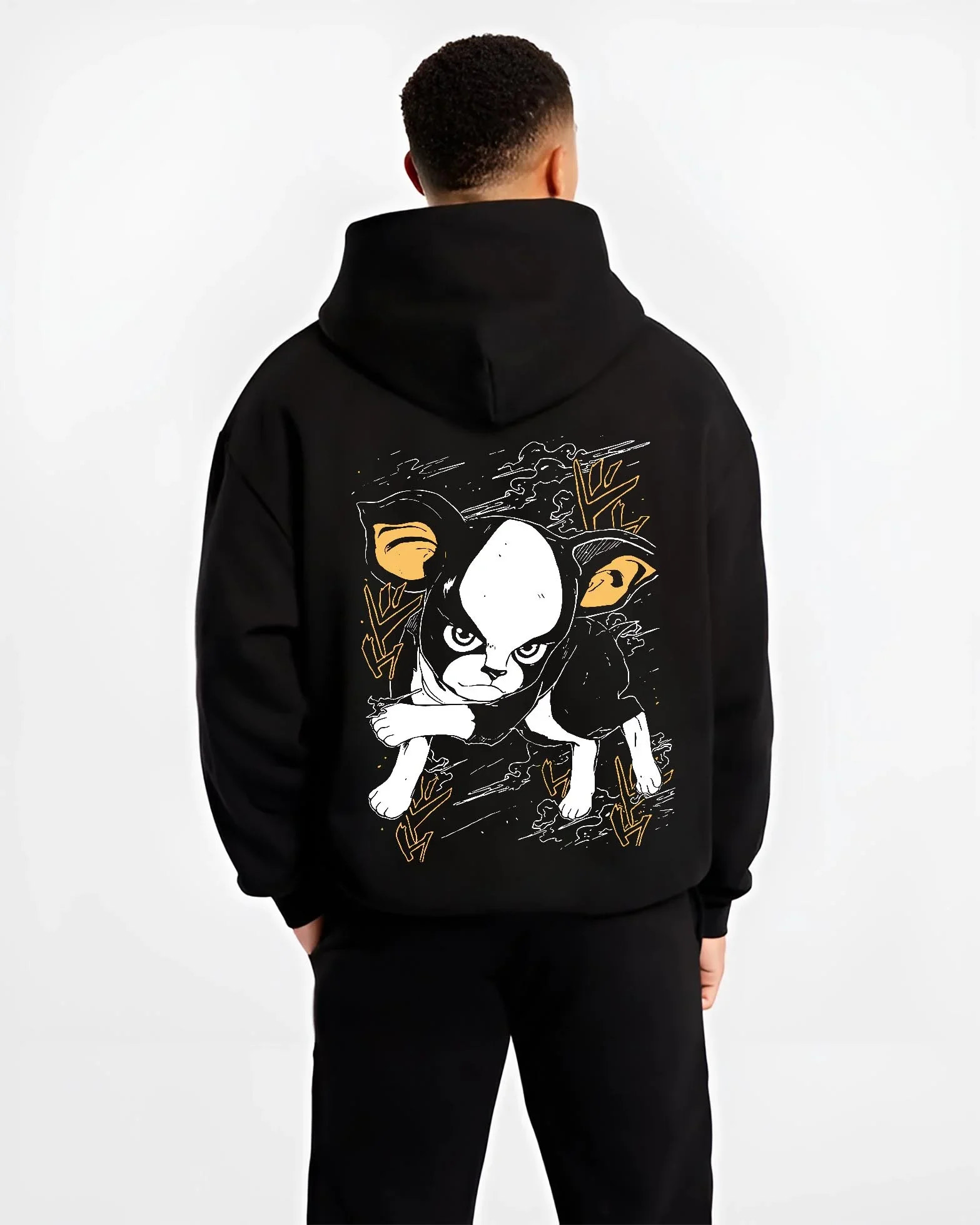 Black hoodie worn by male model, back view with JoJo’s Bizarre Adventure Hoodie Iggy Dog Jumper graphic Iggy themed artwork.
