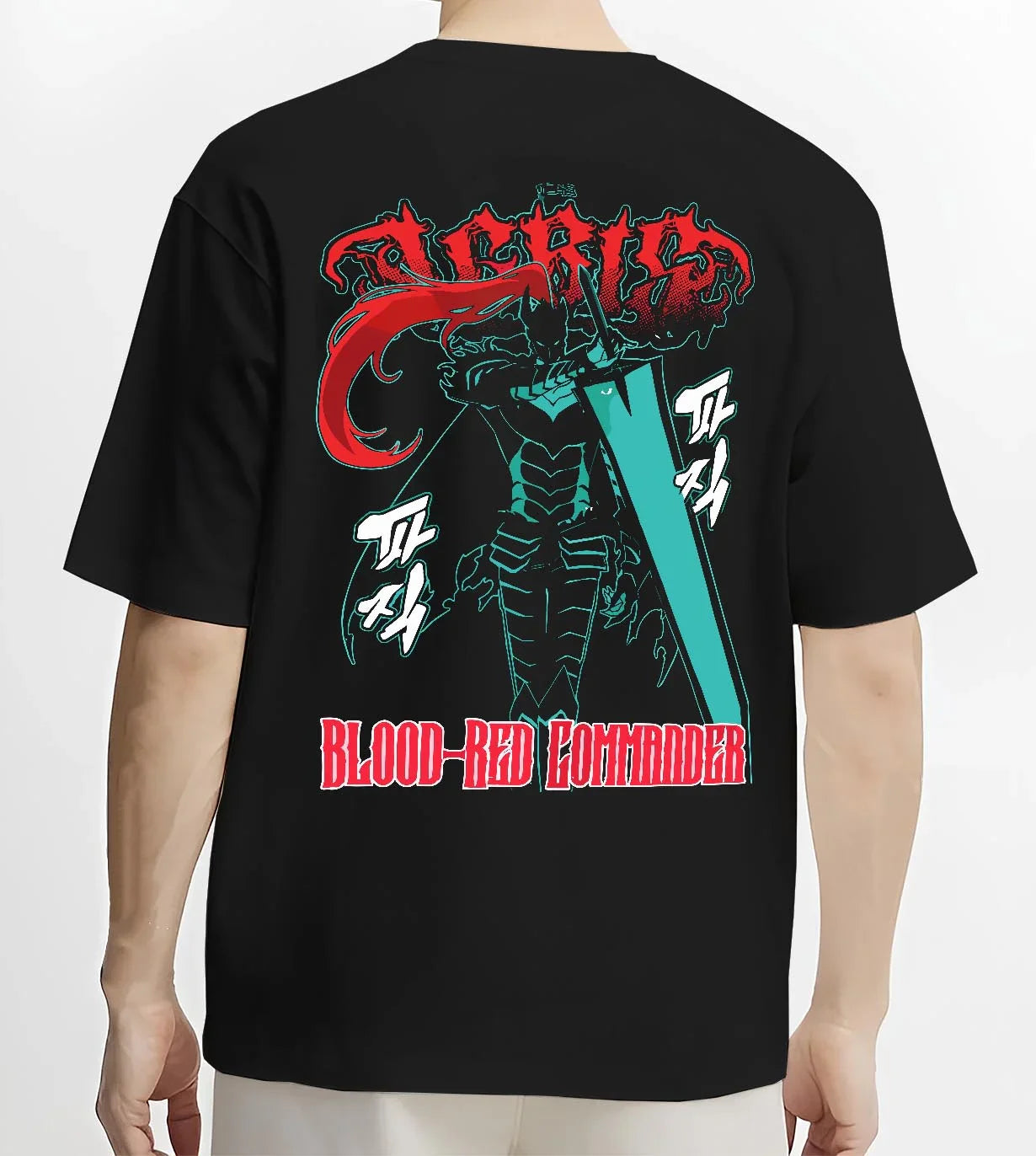 Black T-shirt worn by male model, back view with Solo Leveling Hoodie Igris Blood Red Jumper graphic streetwear graphic.