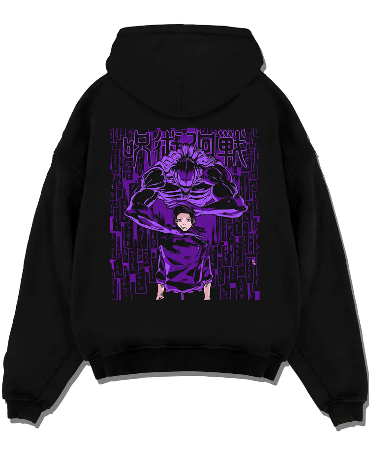Black pullover hoodie laid flat with Jujutsu Kaisen Hoodie Toge Inumaki Cursed Speech Jumper graphic streetwear graphic.