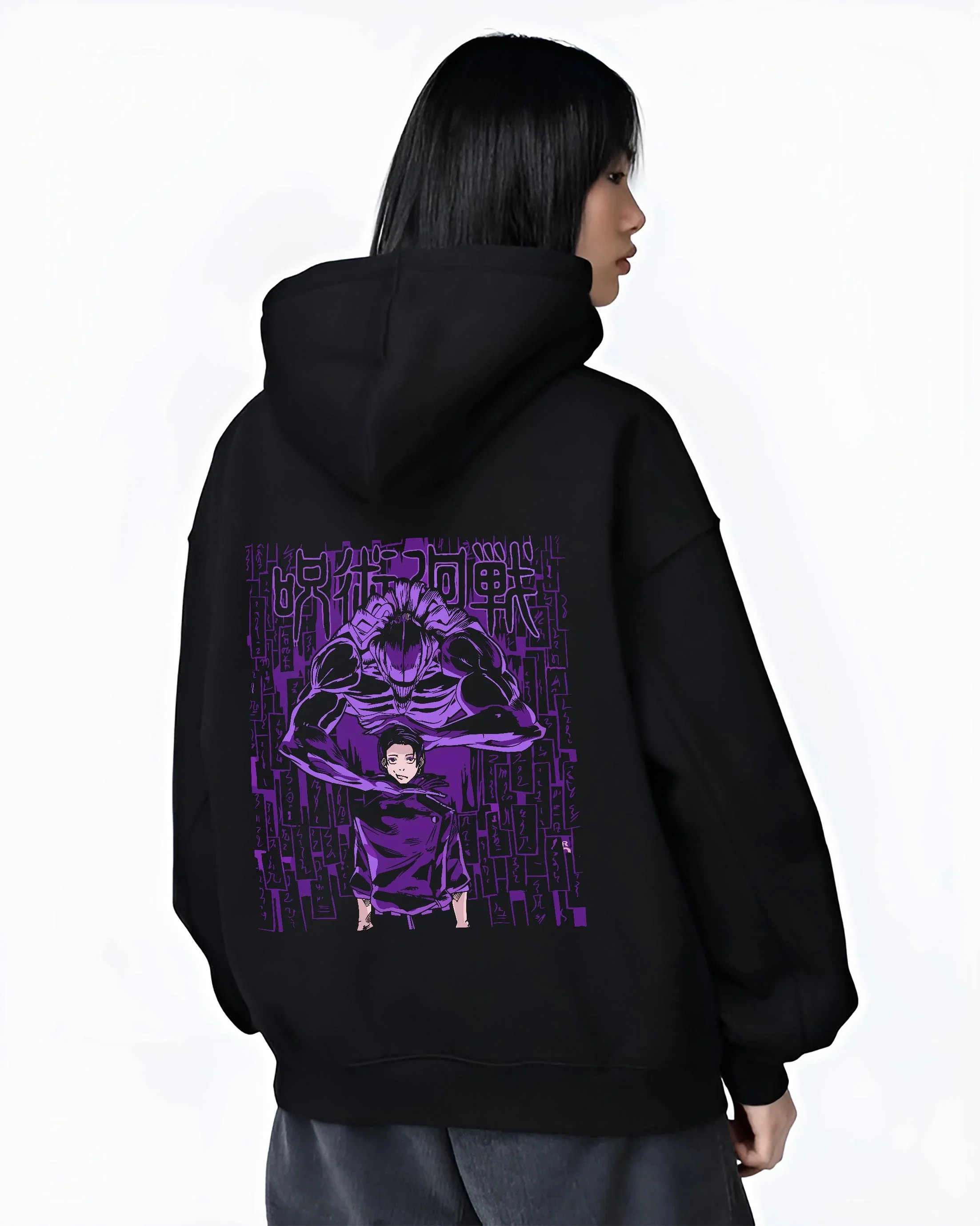 Black hoodie worn by female model, back view with Jujutsu Kaisen Hoodie Toge Inumaki Cursed Speech Jumper graphic streetwear graphic.