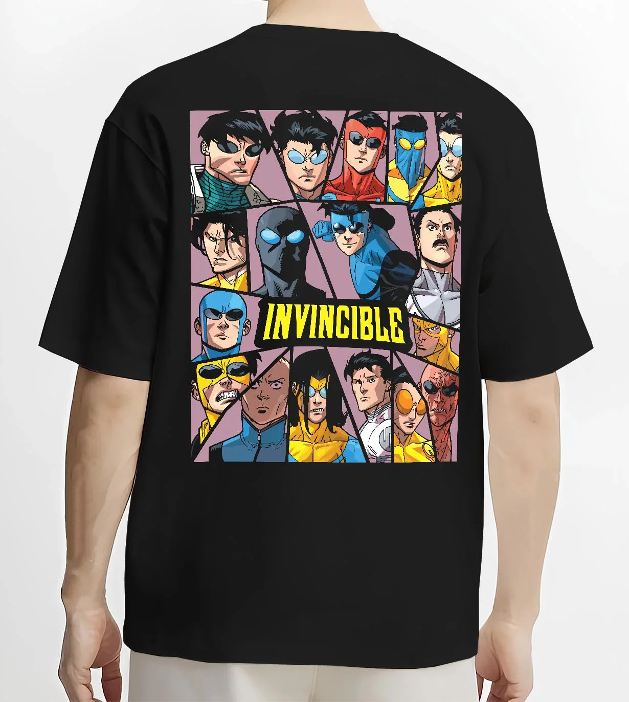 Black T-shirt worn by male model, back view with Invincible Hoodie Mark Grayson Team Logo Jumper graphic premium wear.