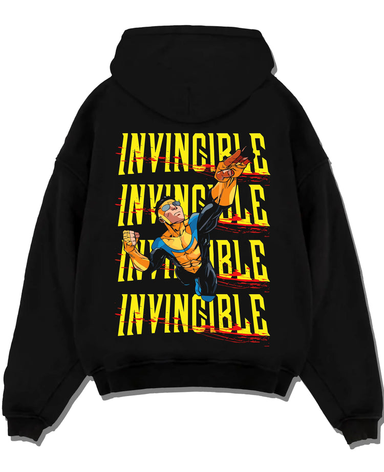 Black pullover hoodie laid flat with Invincible Hoodie Mark Grayson Ultimate Strength Jumper graphic premium wear.