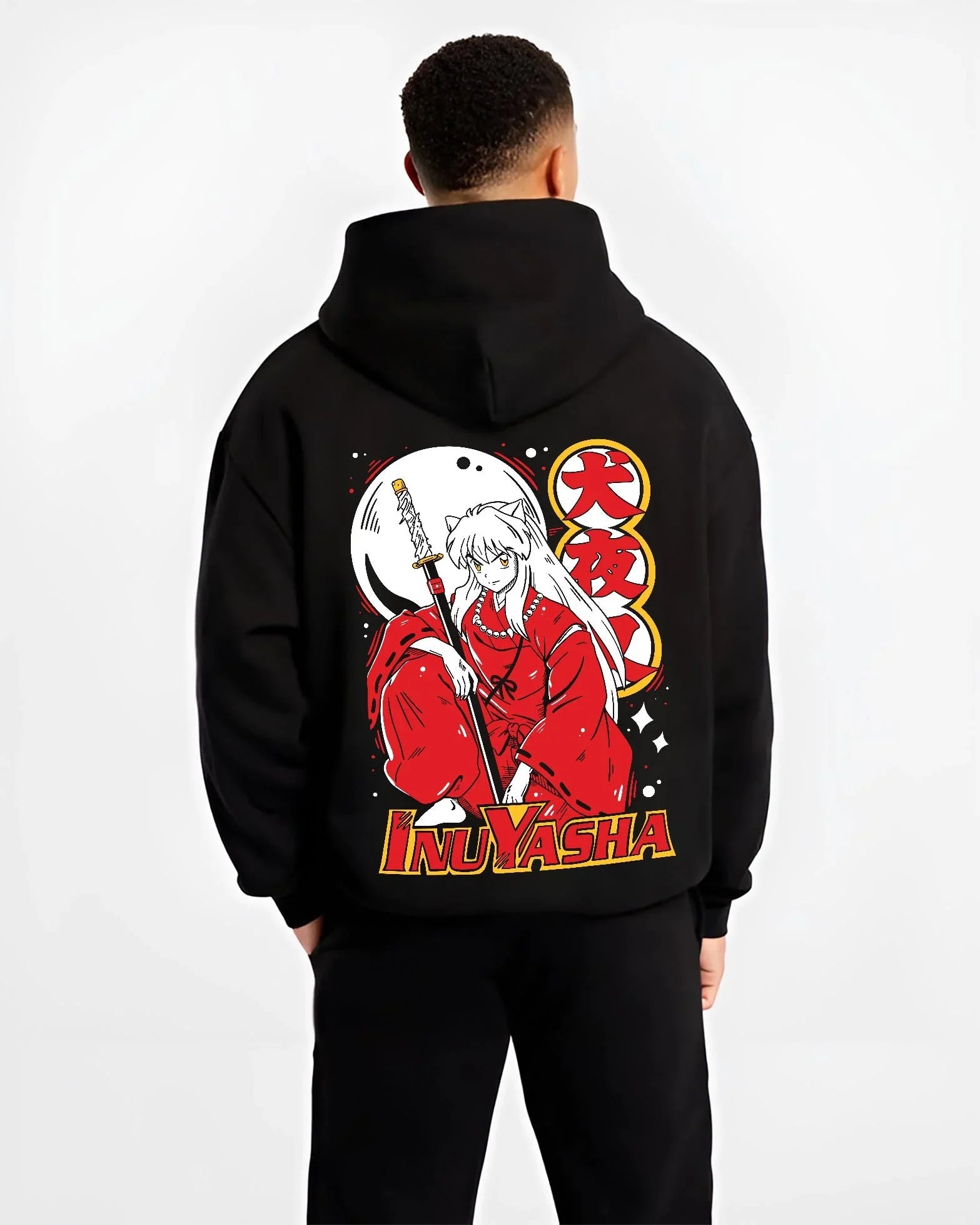 Black hoodie worn by male model, back view with Inuyasha Hoodie Inuyasha Half Demon Power Jumper graphic bold anime graphic.