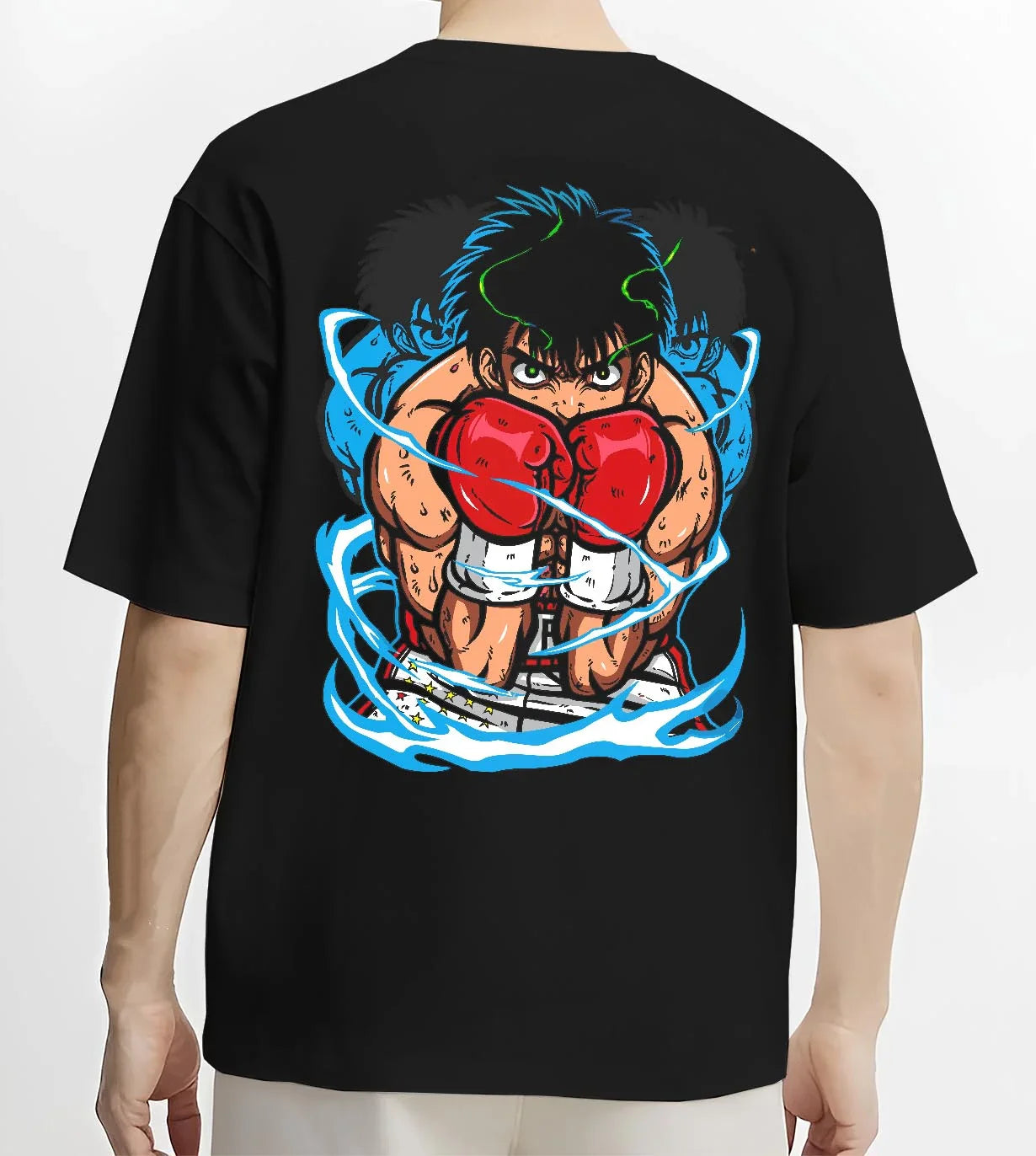 Black T-shirt worn by male model, back view with Hajime no Ippo Hoodie Ippo Makunouchi Punch Jumper graphic premium wear.