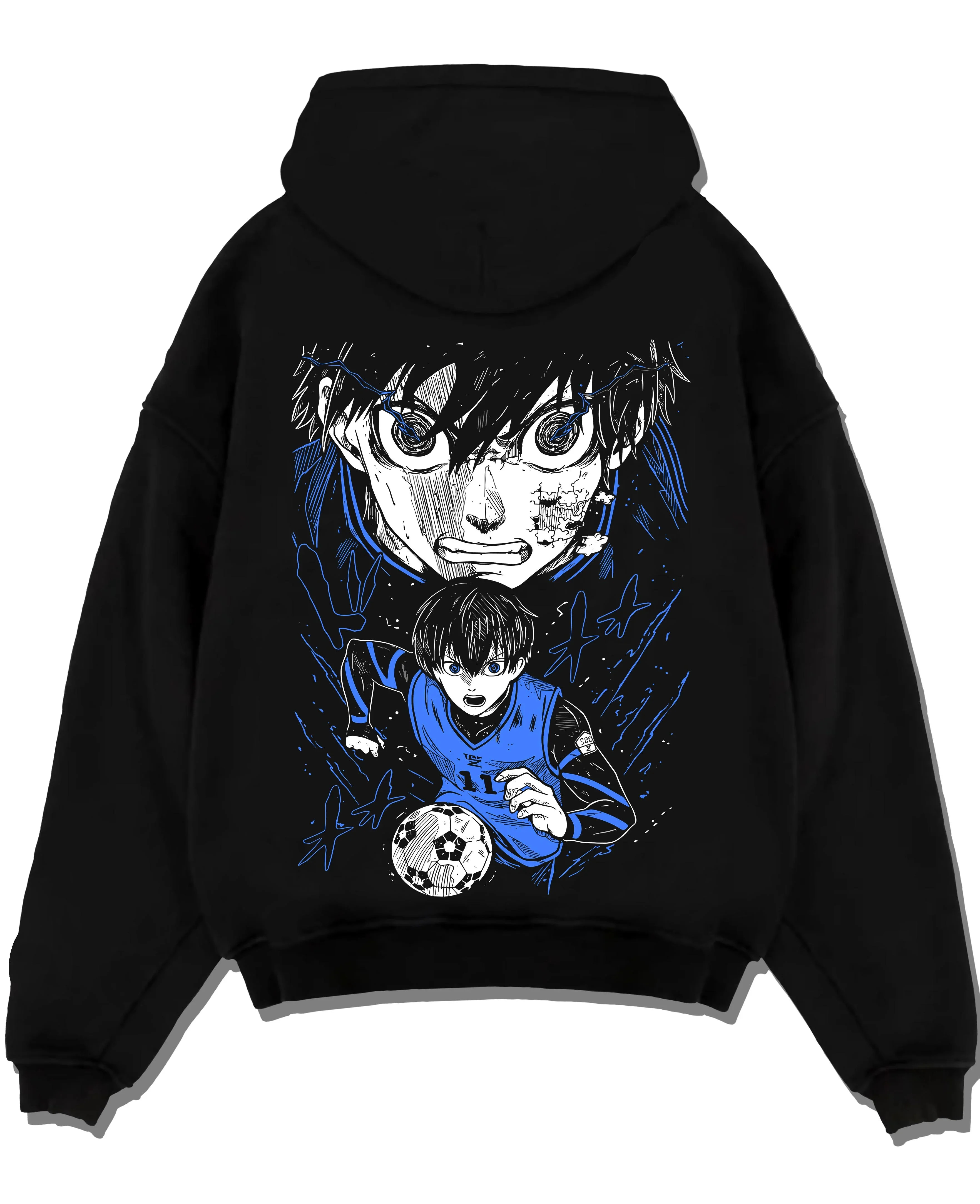 Black pullover hoodie laid flat with Blue Lock Hoodie Isagi Yoichi Intense Stare Jumper graphic bold anime graphic.