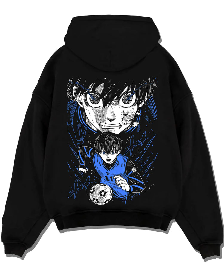 Black pullover hoodie laid flat with Blue Lock Hoodie Isagi Yoichi Intense Stare Jumper graphic bold anime graphic.