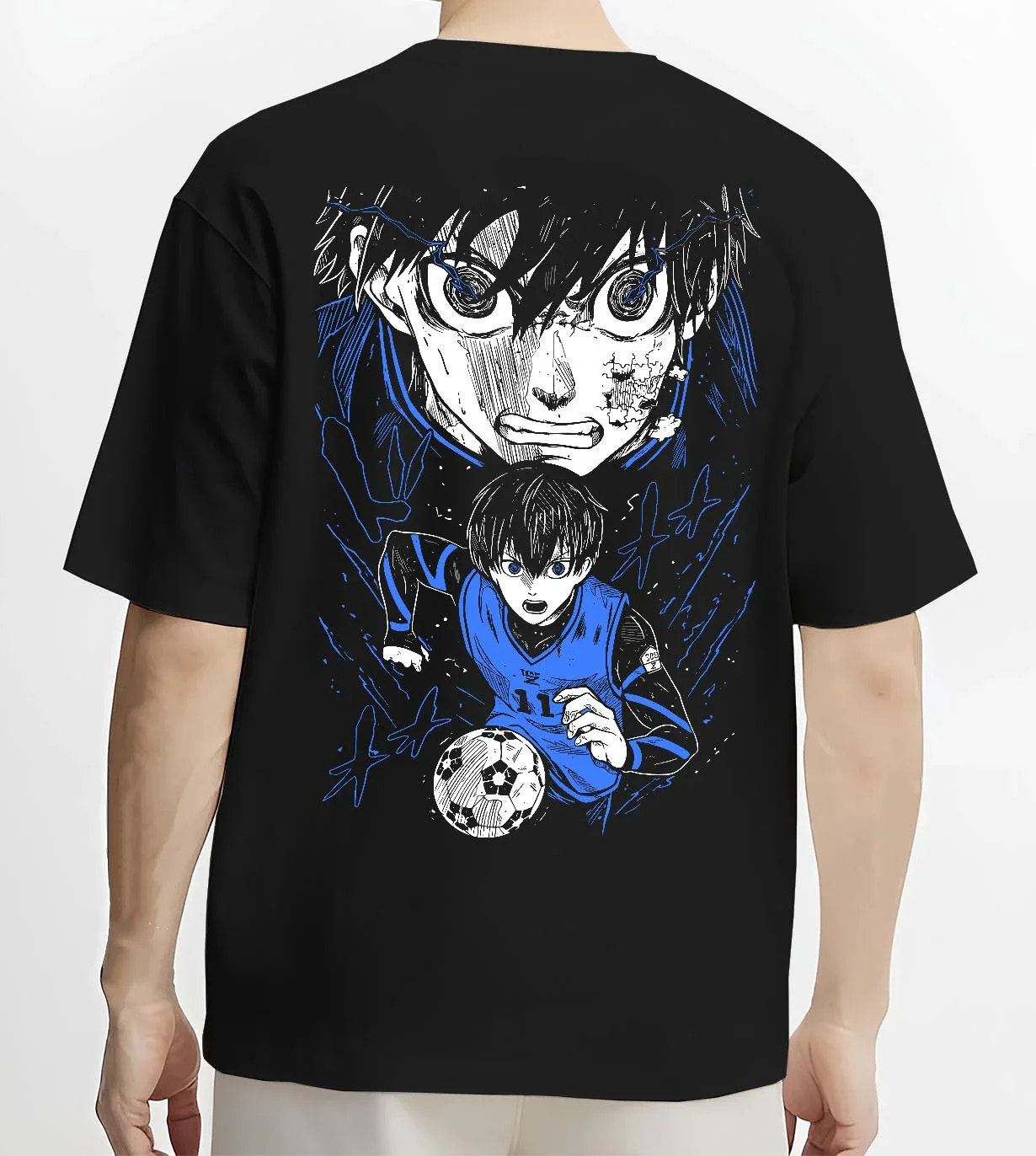 Black T-shirt worn by male model, back view with Blue Lock Hoodie Isagi Yoichi Intense Stare Jumper graphic premium wear.