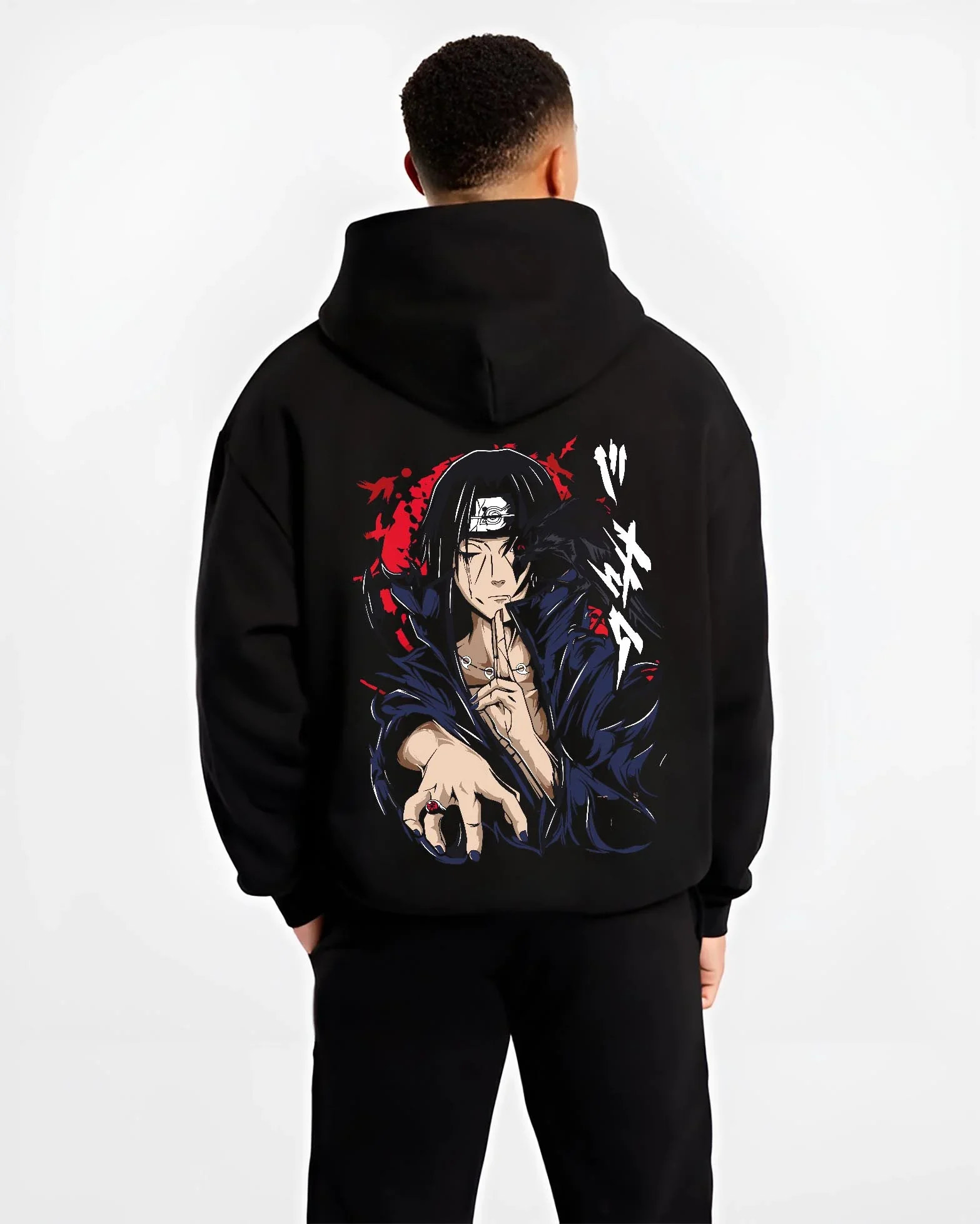 Black hoodie worn by male model, back view with Naruto Hoodie Itachi Uchiha Crow Summon Clan Jumper graphic premium wear.