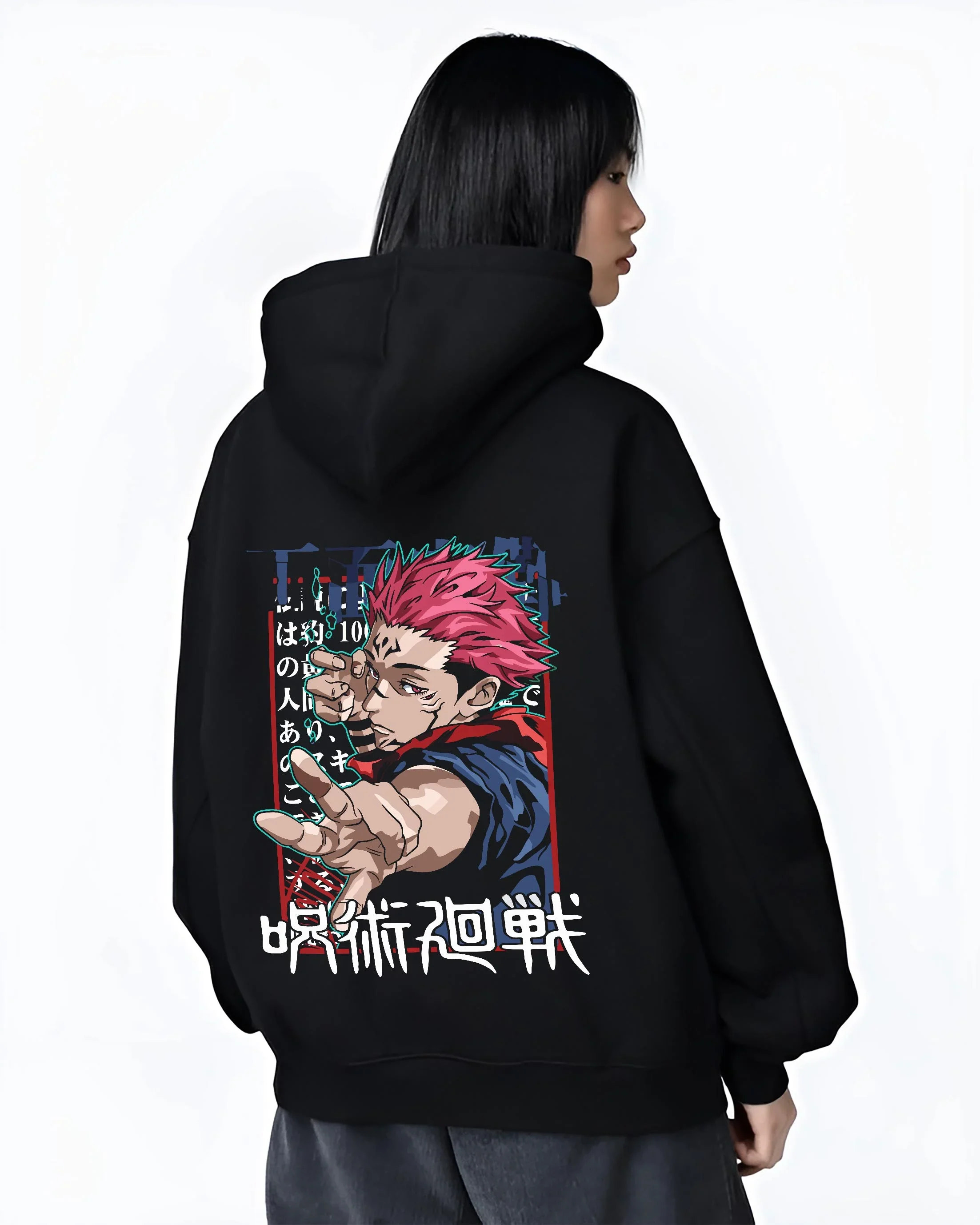 Black hoodie worn by female model, back view with Jujutsu Kaisen Hoodie Yuji Itadori Power Surge Jumper graphic bold anime graphic.