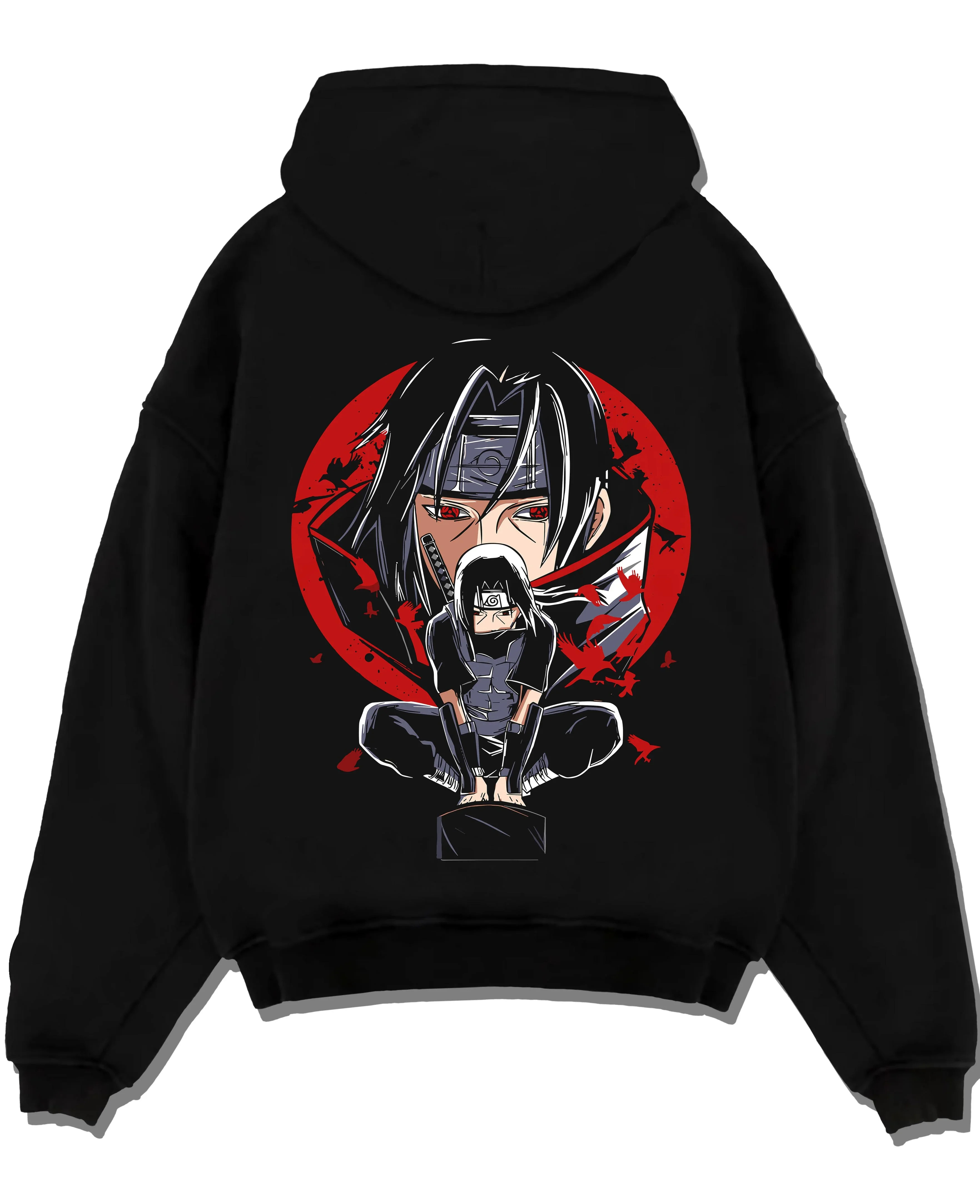 Black pullover hoodie laid flat with Naruto Hoodie Itachi Uchiha Mangekyo Clan Jumper graphic premium wear.
