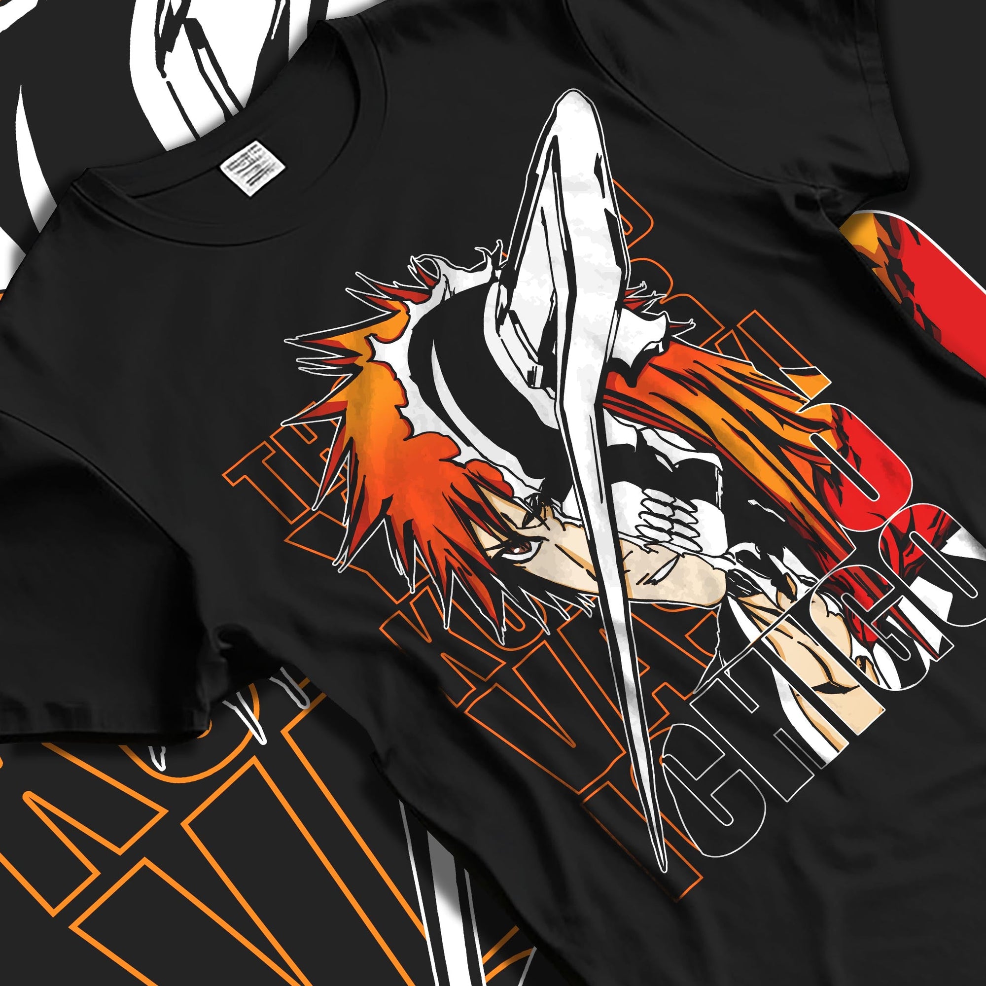 Black T-shirt laid flat with natural fabric folds, featuring Bleach Ichigo Kurosaki Vasto Lorde retro manga graphic design with bold anime poster inspired look.