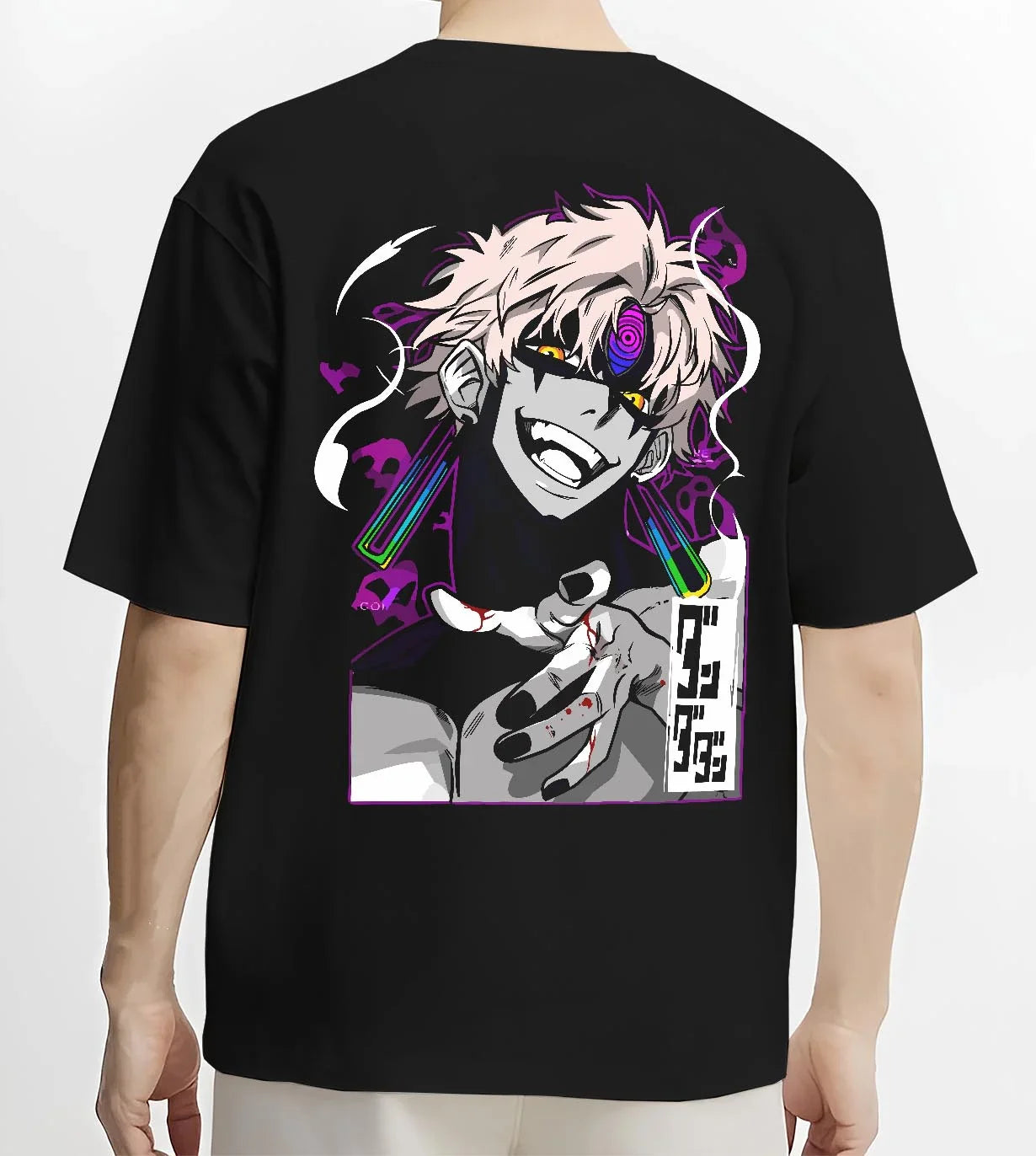 Black T-shirt worn by male model, back view with Jujutsu Kaisen Hoodie Sukuna Malevolent Shrine Jumper graphic premium wear.