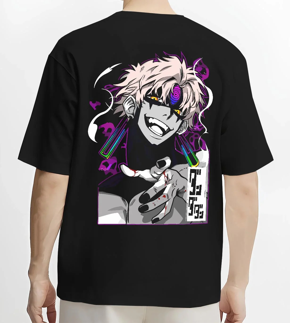 Black T-shirt worn by male model, back view with Jujutsu Kaisen Hoodie Sukuna Malevolent Shrine Jumper graphic premium wear.