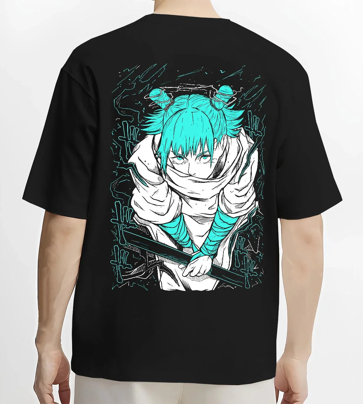 Black T-shirt worn by male model, back view with Jujutsu Kaisen Hoodie Yuji Itadori Cursed Energy Jumper graphic bold anime graphic.