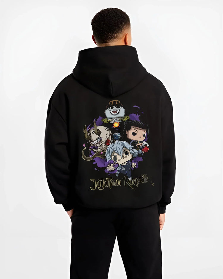 Black hoodie worn by male model, back view with Jujutsu Kaisen Hoodie Pop Figure Set Gojo and Yuji graphic premium wear.
