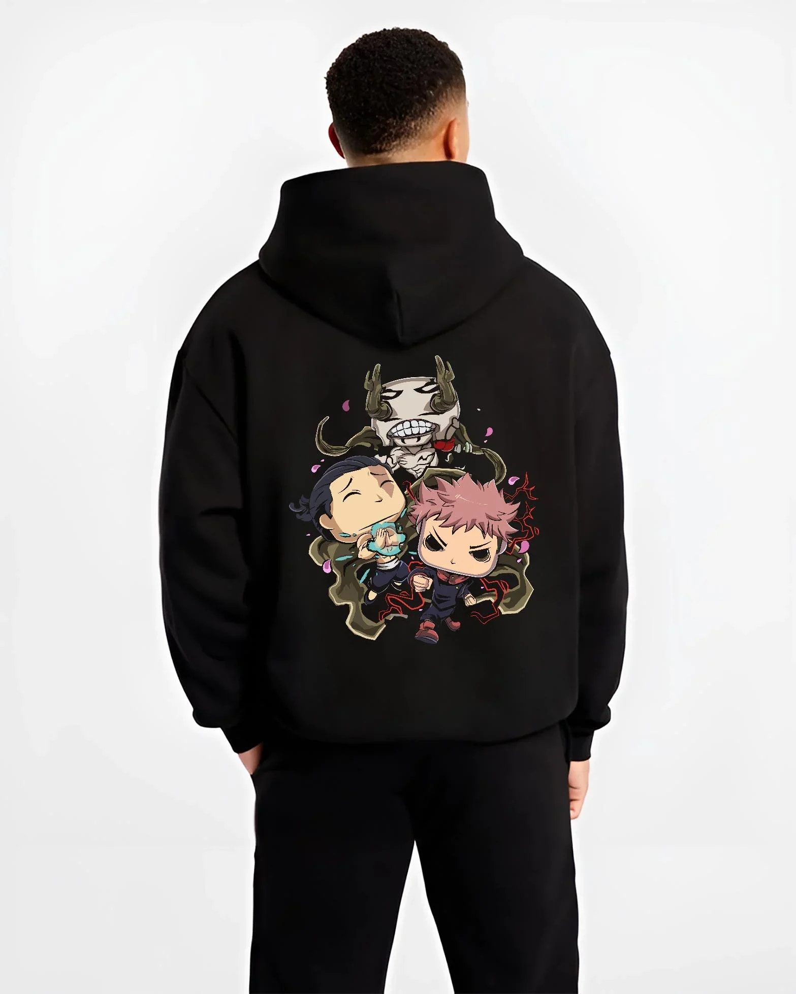 Black hoodie worn by male model, back view with Jujutsu Kaisen Hoodie Pop Figure Set Choso and Yuji graphic bold anime graphic.