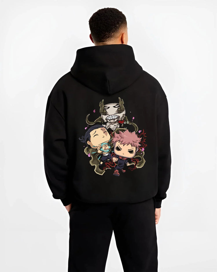 Black hoodie worn by male model, back view with Jujutsu Kaisen Hoodie Pop Figure Set Choso and Yuji graphic bold anime graphic.