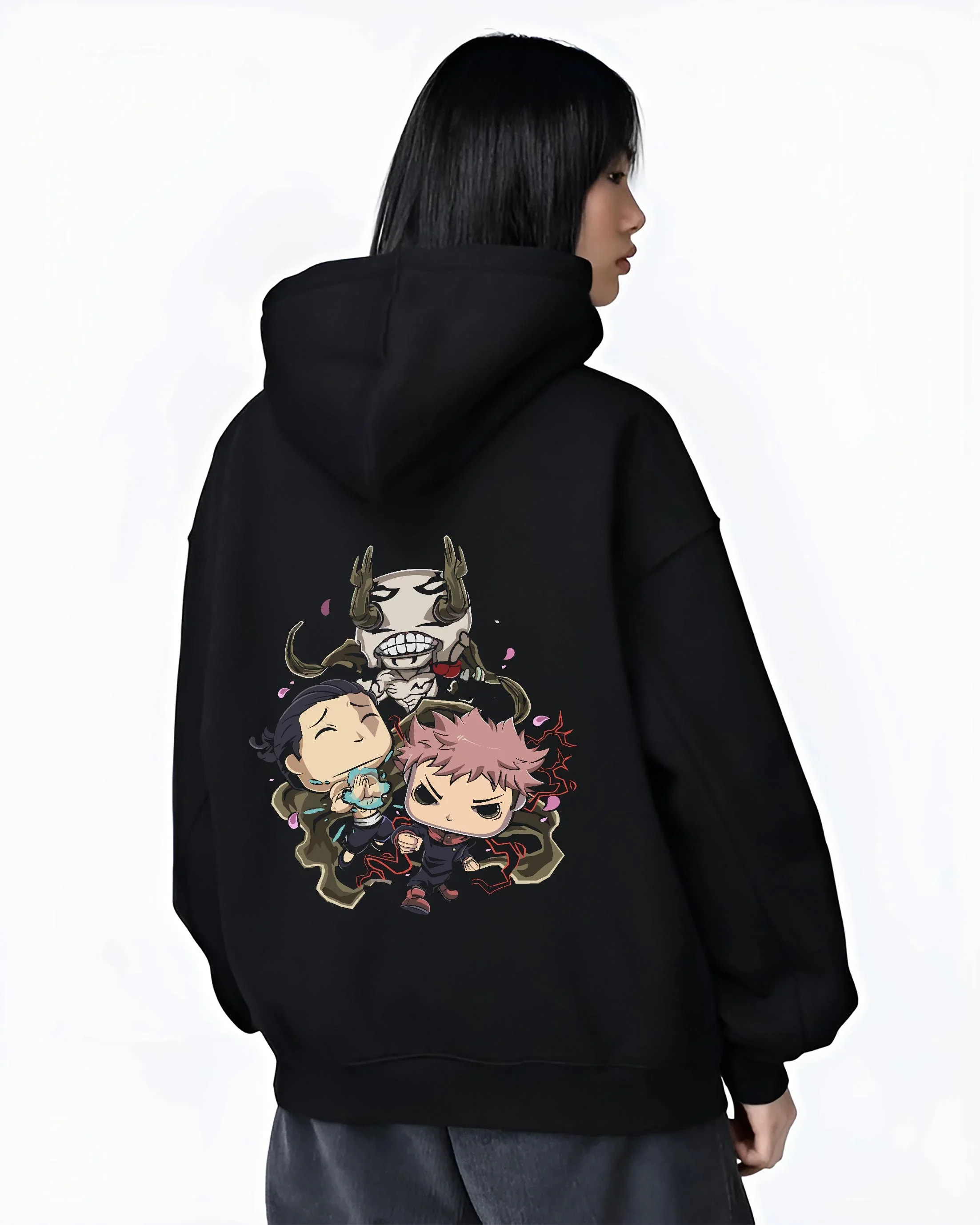 Black hoodie worn by female model, back view with Jujutsu Kaisen Hoodie Pop Figure Set Choso and Yuji graphic bold anime graphic.