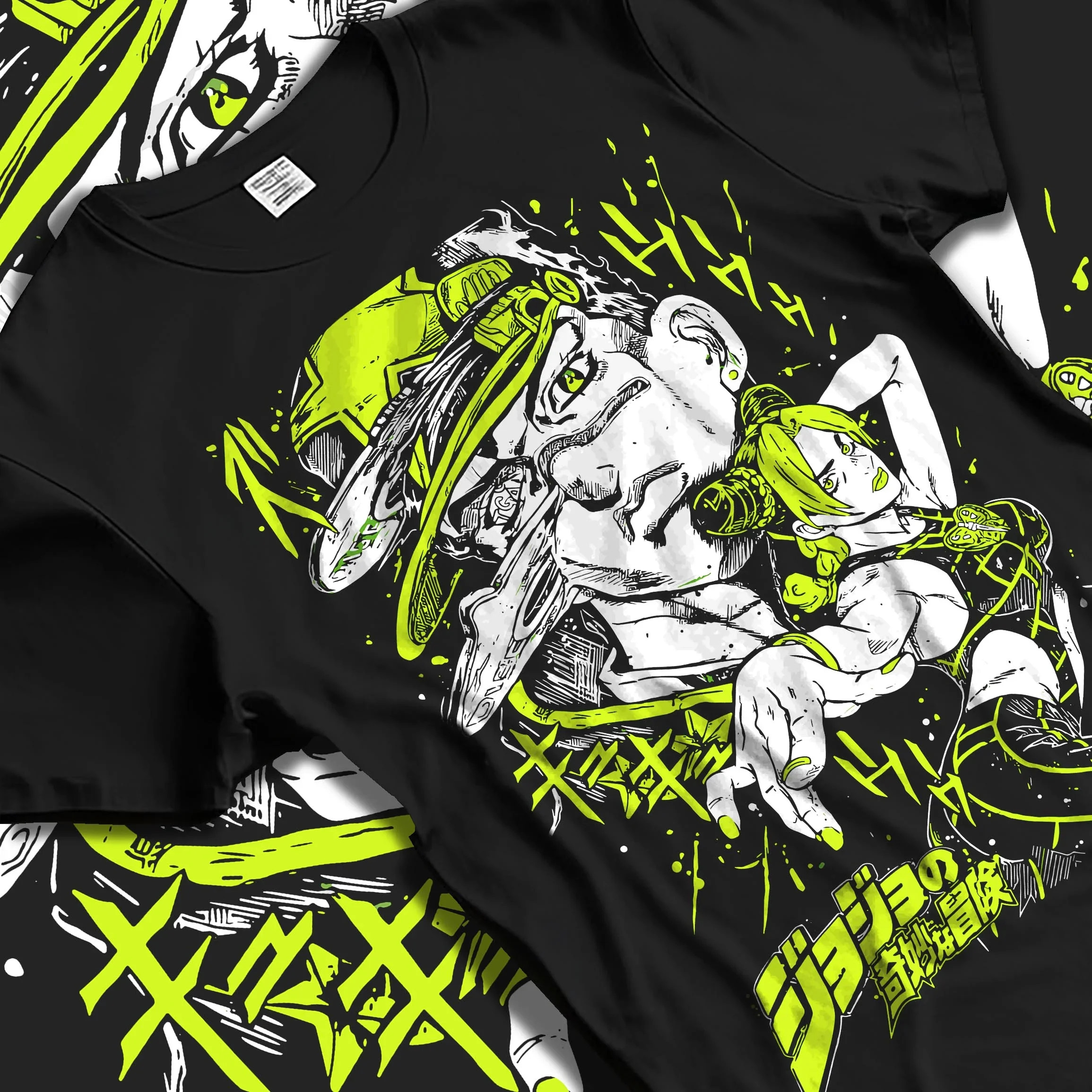 Black T-shirt laid flat with natural folds with Jolyne Cujoh Hoodie JoJo’s Bizarre Adventure Green Dolphin graphic streetwear graphic.