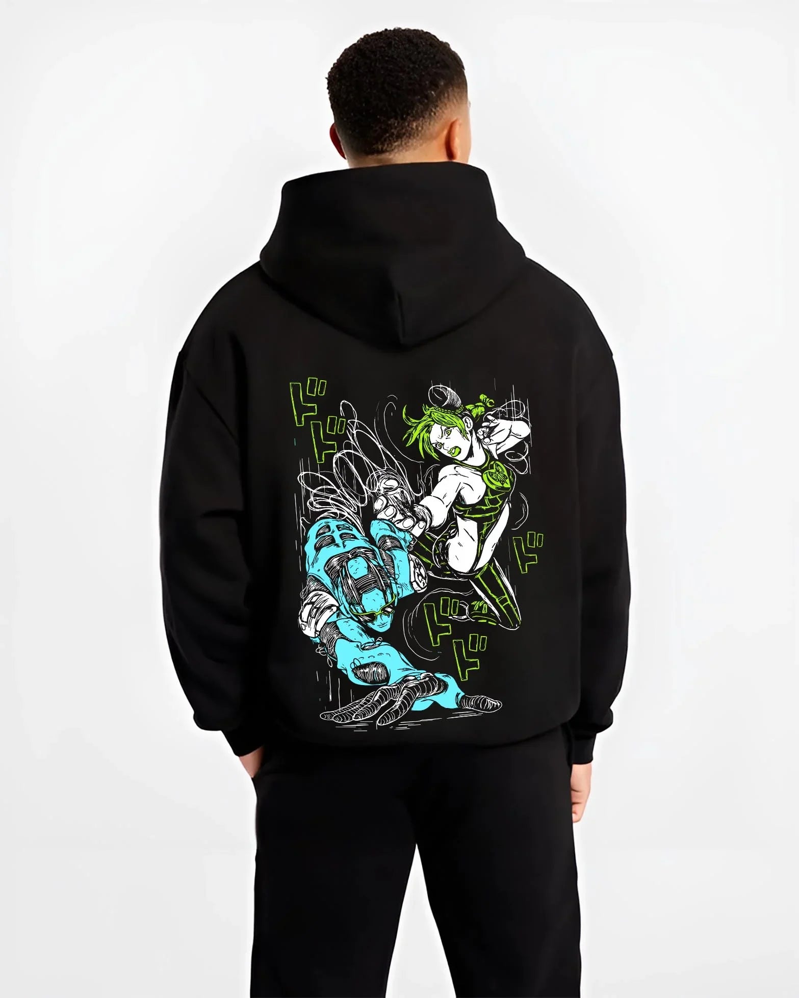 Black hoodie worn by male model, back view with Jolyne Cujoh Hoodie JoJo’s Bizarre Adventure Anime Pose graphic streetwear graphic.