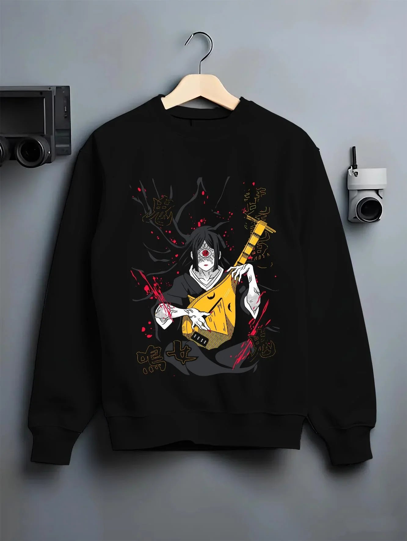 Black crewneck sweatshirt on hanger with Kakine Hoodie Dark Esper Anime Accelerator Battle graphic streetwear graphic.
